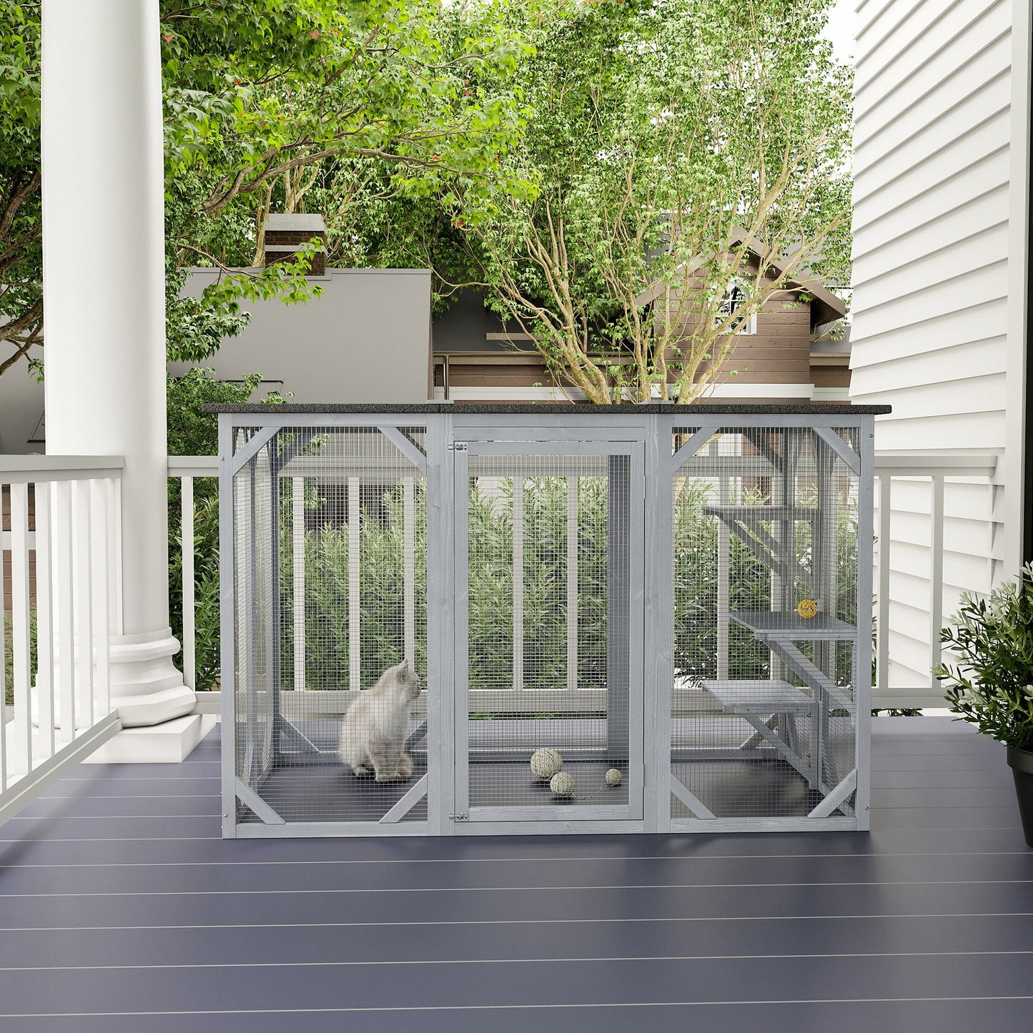 Multi-Level Wooden Cat Cage with Waterproof Roof, Lock, for Pets, Grey Outdoor Cat Enclosures   at Gallery Canada