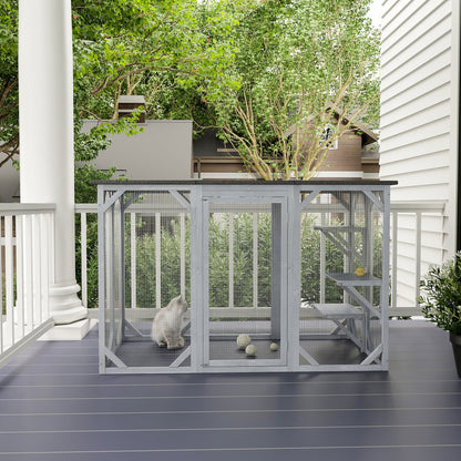 Multi-Level Wooden Cat Cage with Waterproof Roof, Lock, for Pets, Grey Outdoor Cat Enclosures   at Gallery Canada