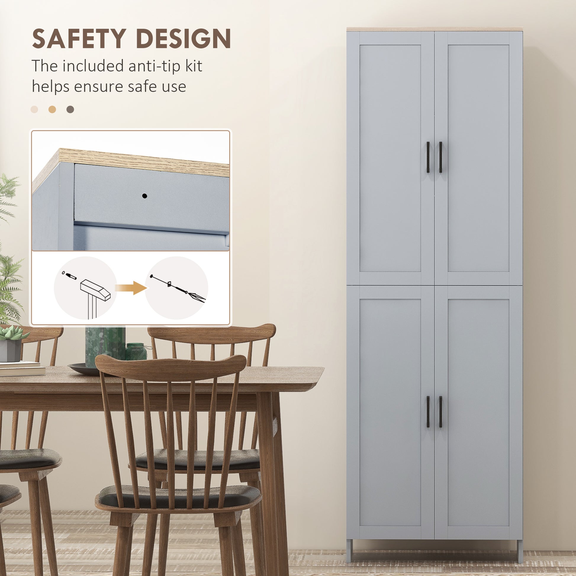 67" 4-Door Kitchen Pantry Cabinet, Freestanding Storage Cabinet Cupboard with Adjustable Shelves, Grey Kitchen Pantry Cabinets   at Gallery Canada