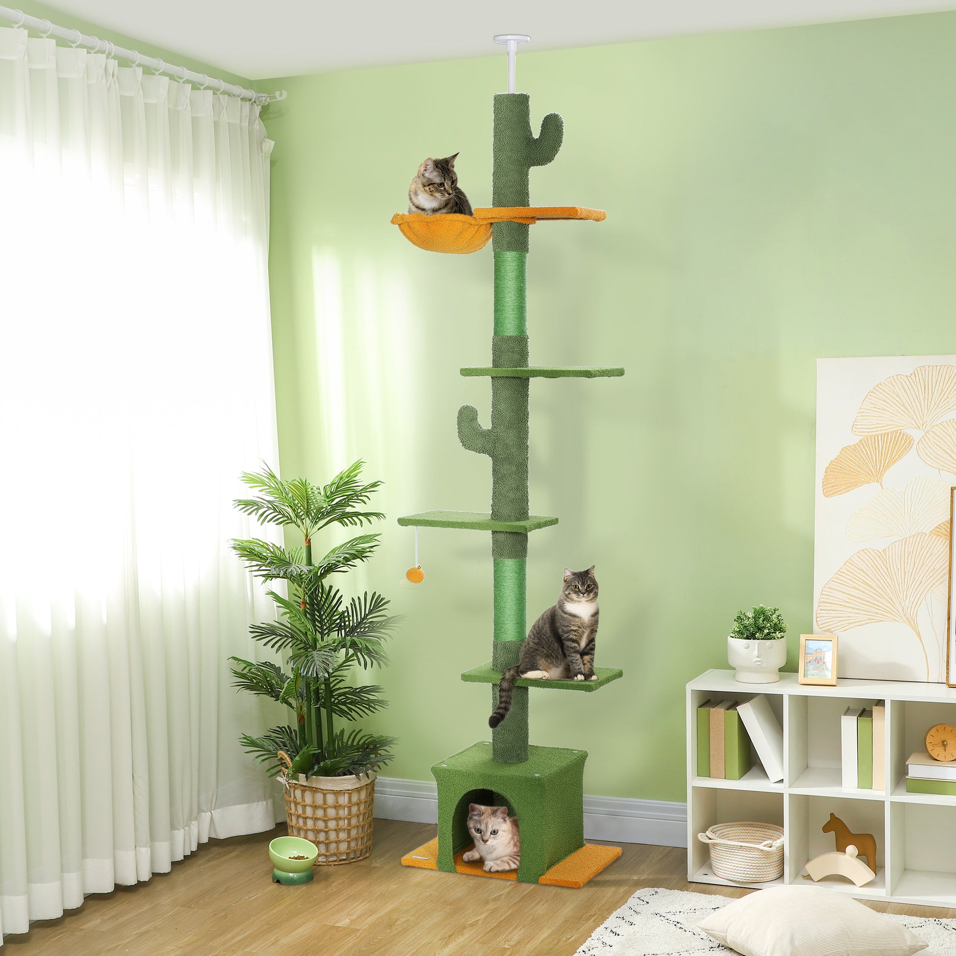 Floor to Ceiling Cat TreeTower with 90.5"-108" Adjustable Height, Scratching Posts, Hammock, Comdo, Toy Ball, Green Floor to Ceiling Cat Trees Green  at Gallery Canada