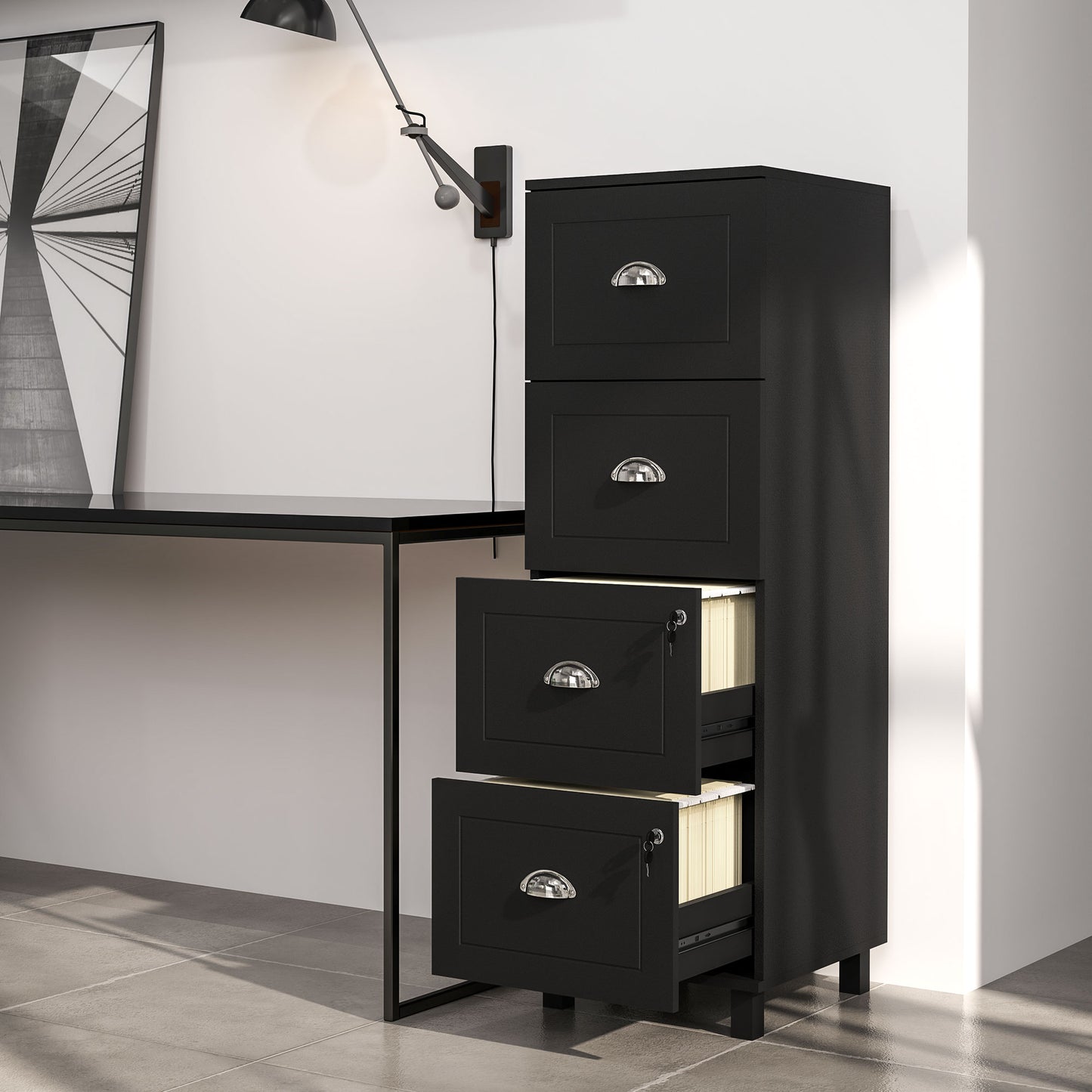 4 Drawer File Cabinet with Lock, Office Filing Cabinet, A4 Letter Size, Hanging File Folders, Black Office Cabinets & Cupboards   at Gallery Canada