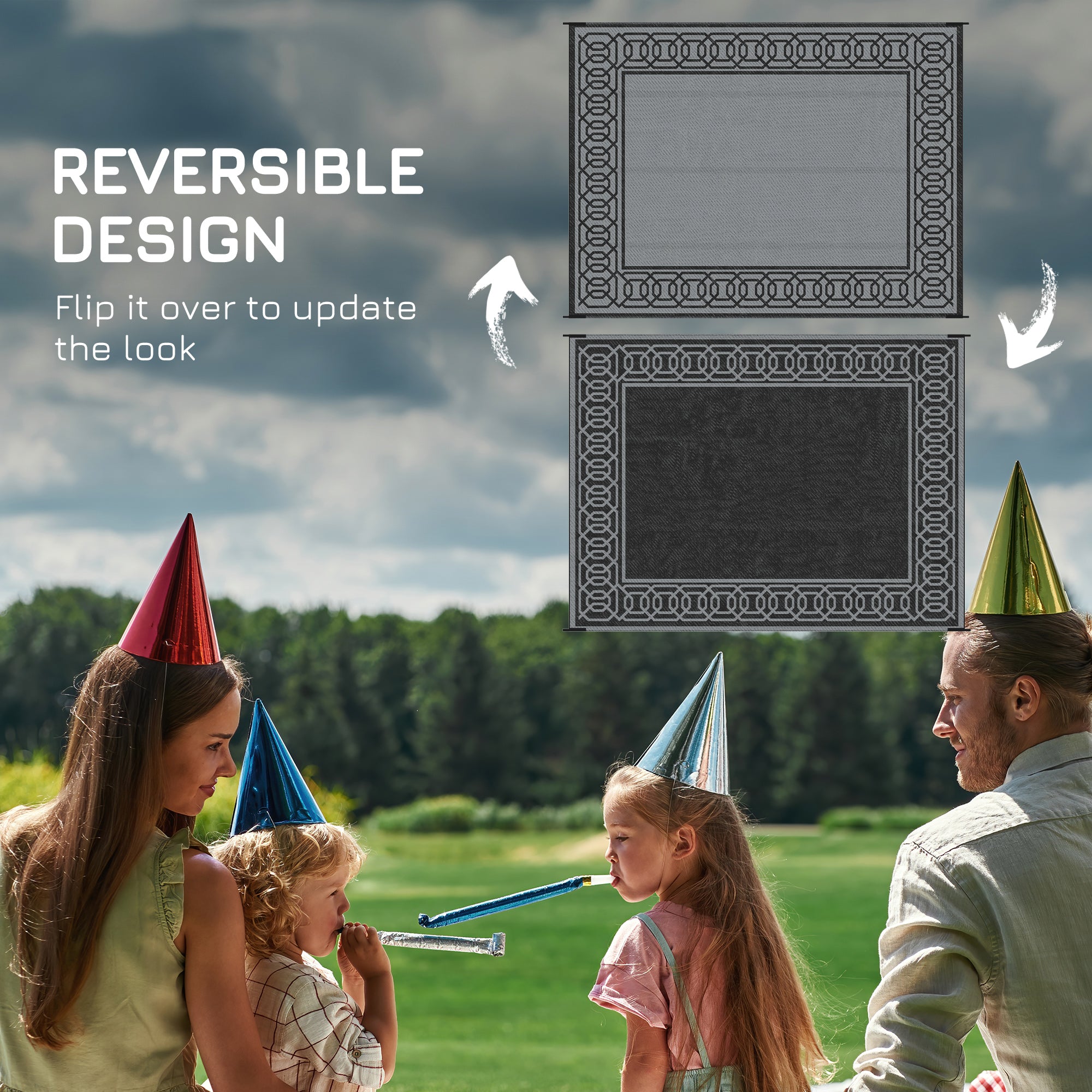 Portable Outdoor Rug with Carrying Bag, 9' x 12' Reversible Mat, Waterproof Plastic Straw RV Rug for Backyard, Deck, Picnic, Beach, Camping, Black and Grey Outdoor Reversible Rugs at Gallery Canada