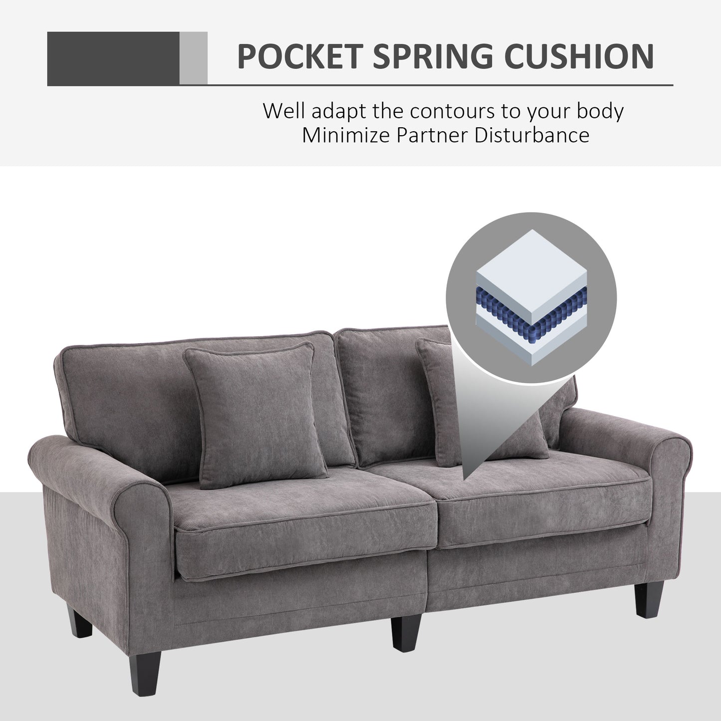 Modern 3 Seater Sofa, Corduroy Fabric 3 Seater Couch with Pine Wood Legs and Rolled Armrests for Living Room, Light Grey 3-Seater Sofas   at Gallery Canada