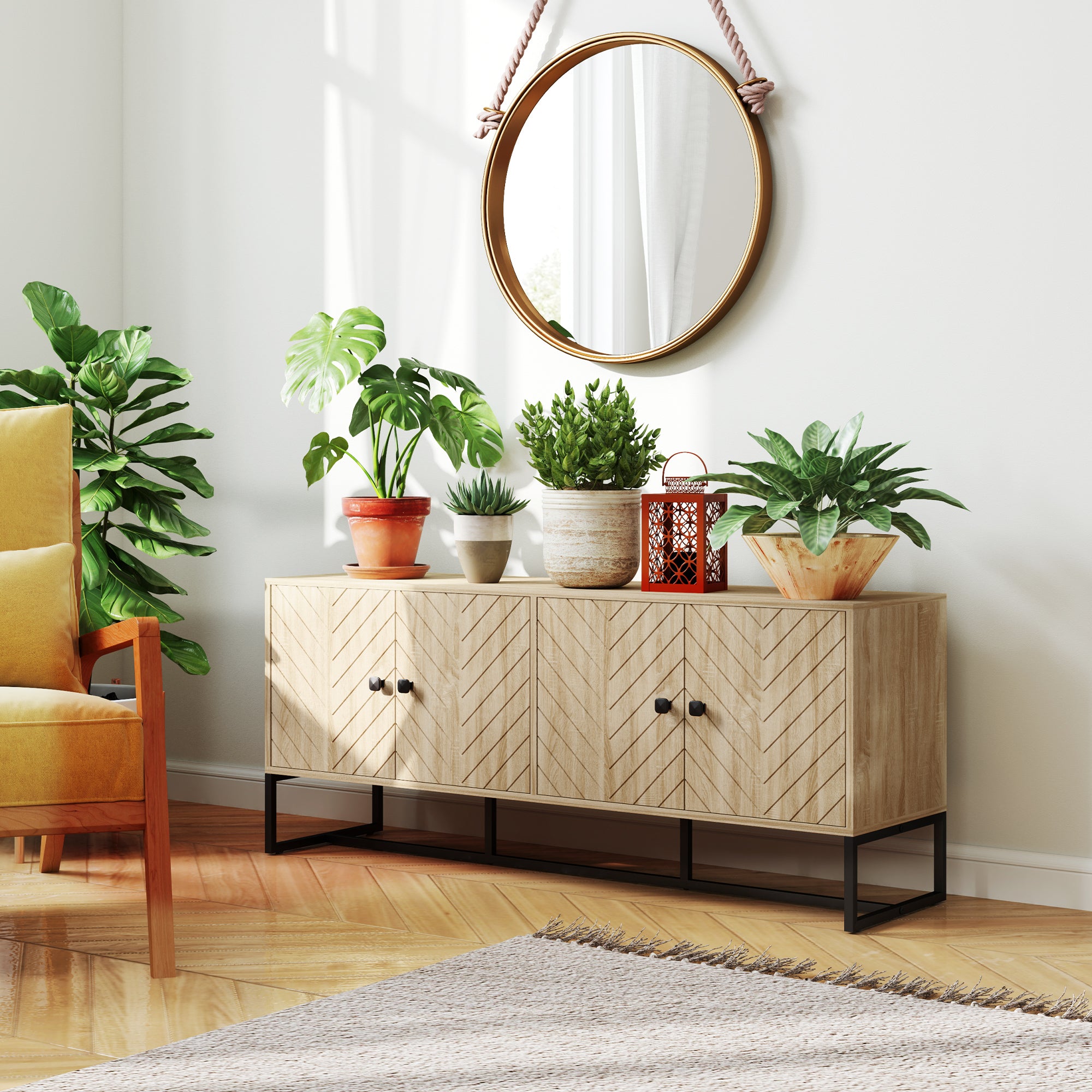 Sideboard Buffet Cabinet with 2 Adjustable Shelves and Steel Base, TV Stand, Coffee Bar Cabinet for Living Room, Oak Storage Cabinets at Gallery Canada