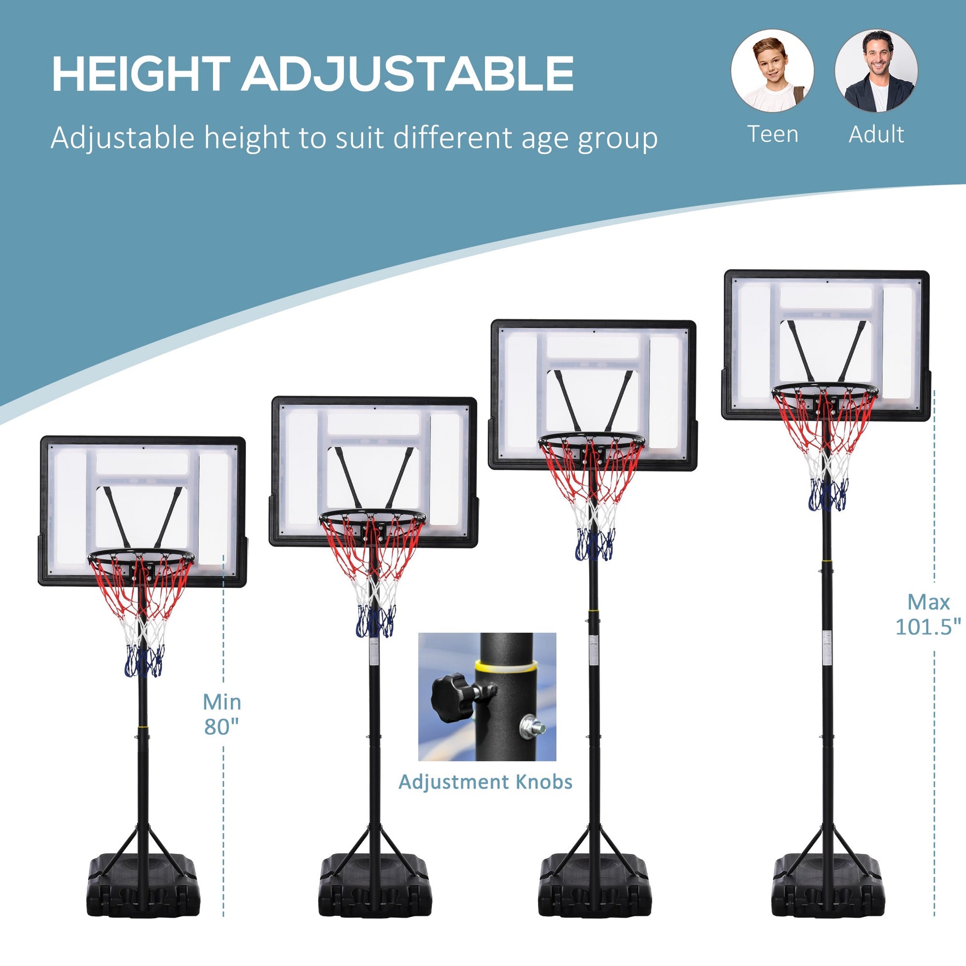 61"- 82.75"H Basketball Stand and Hoop Backboard Adjustable w/ Wheels For Kids Youth Outdoor Basketball   at Gallery Canada