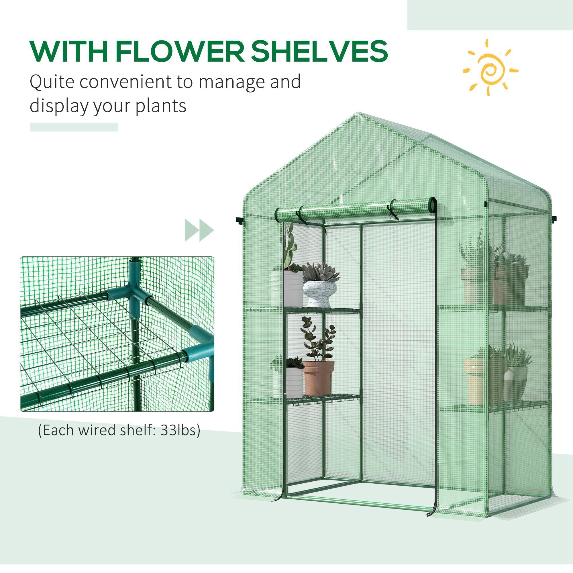 3-Tier Mini Greenhouse, Walk-in Greenhouse, Garden Hot House with 4 Shelves, Roll-Up Door and Weatherized Cover, 56