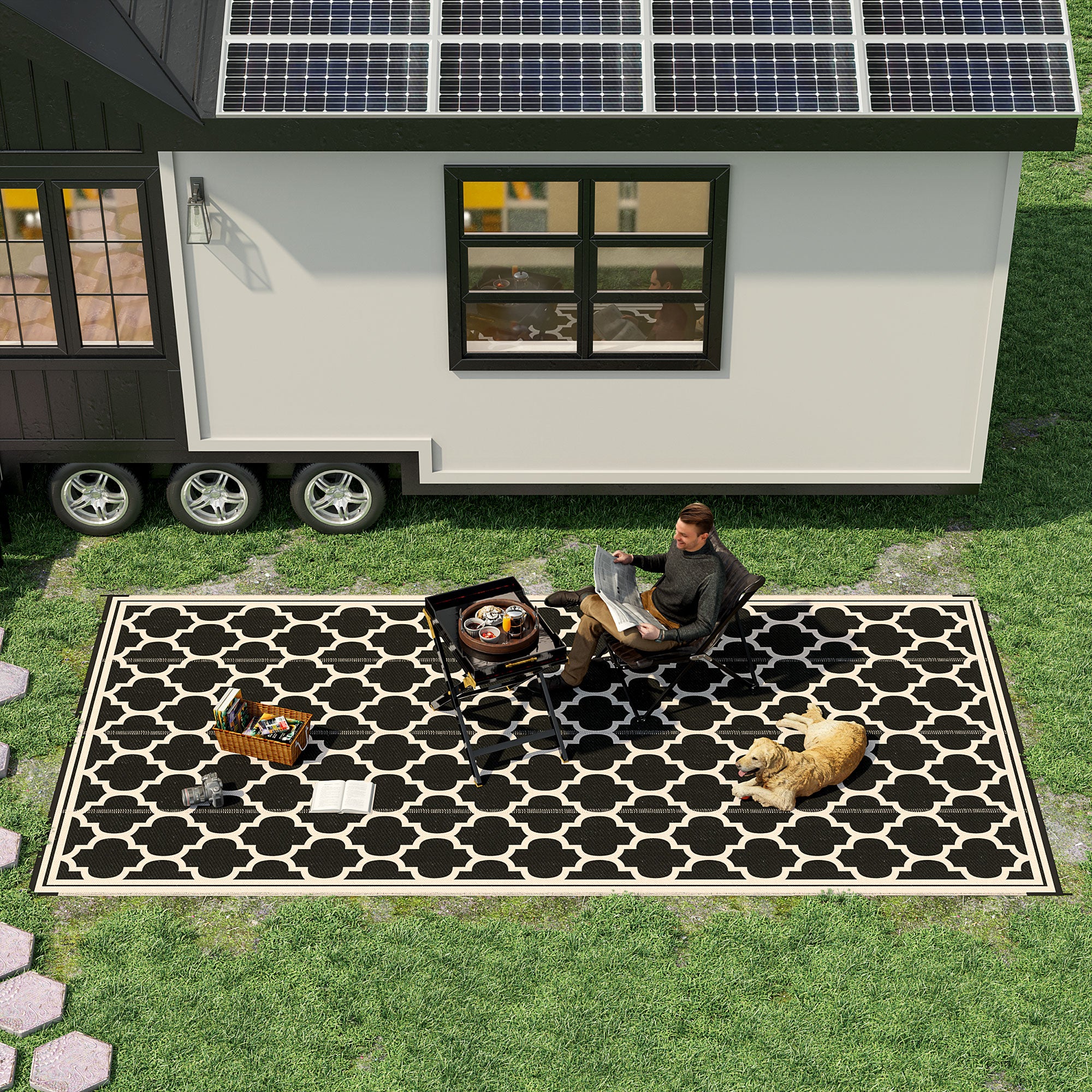 Reversible Outdoor RV Rug, 9' x 18' Patio Floor Mat, Plastic Straw Rug for Backyard, Deck, Picnic, Beach, Camping, Black and Beige Outdoor Reversible Rugs at Gallery Canada
