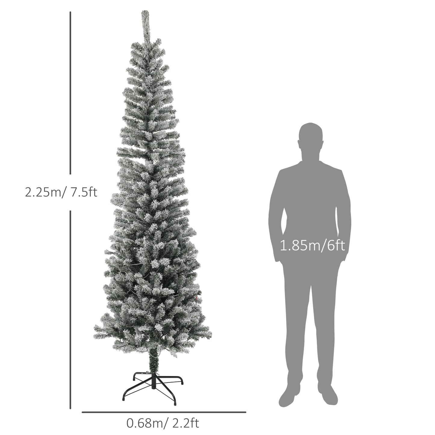 7.5ft Prelit Pencil Artificial Christmas Tree, Flocked Xmas Tree with Dual Colour LED Lights, 519 Tips and Metal Stand Pre Lit Christmas Trees   at Gallery Canada