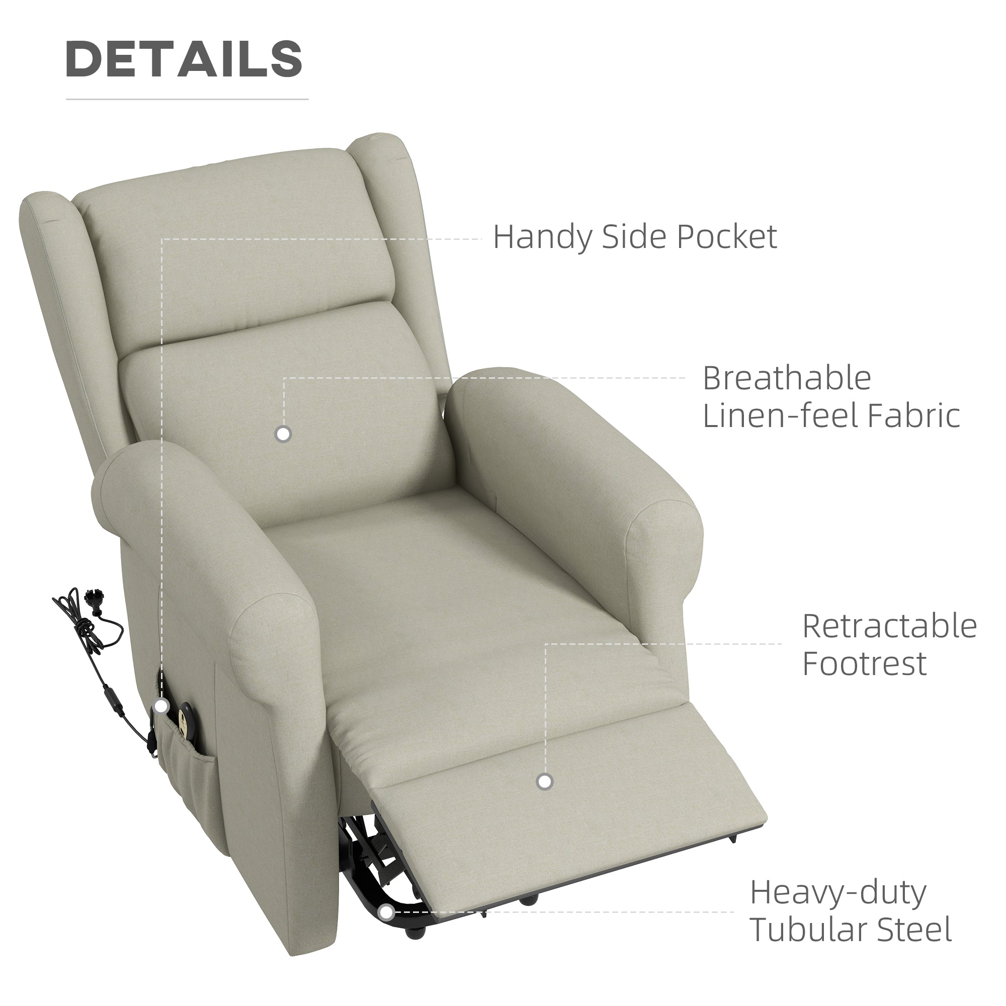 Wingback Lift Chair for Elderly, Power Chair Recliner with Footrest, Remote Control, Side Pockets, Cream White Electric Power Lift Chairs at Gallery Canada
