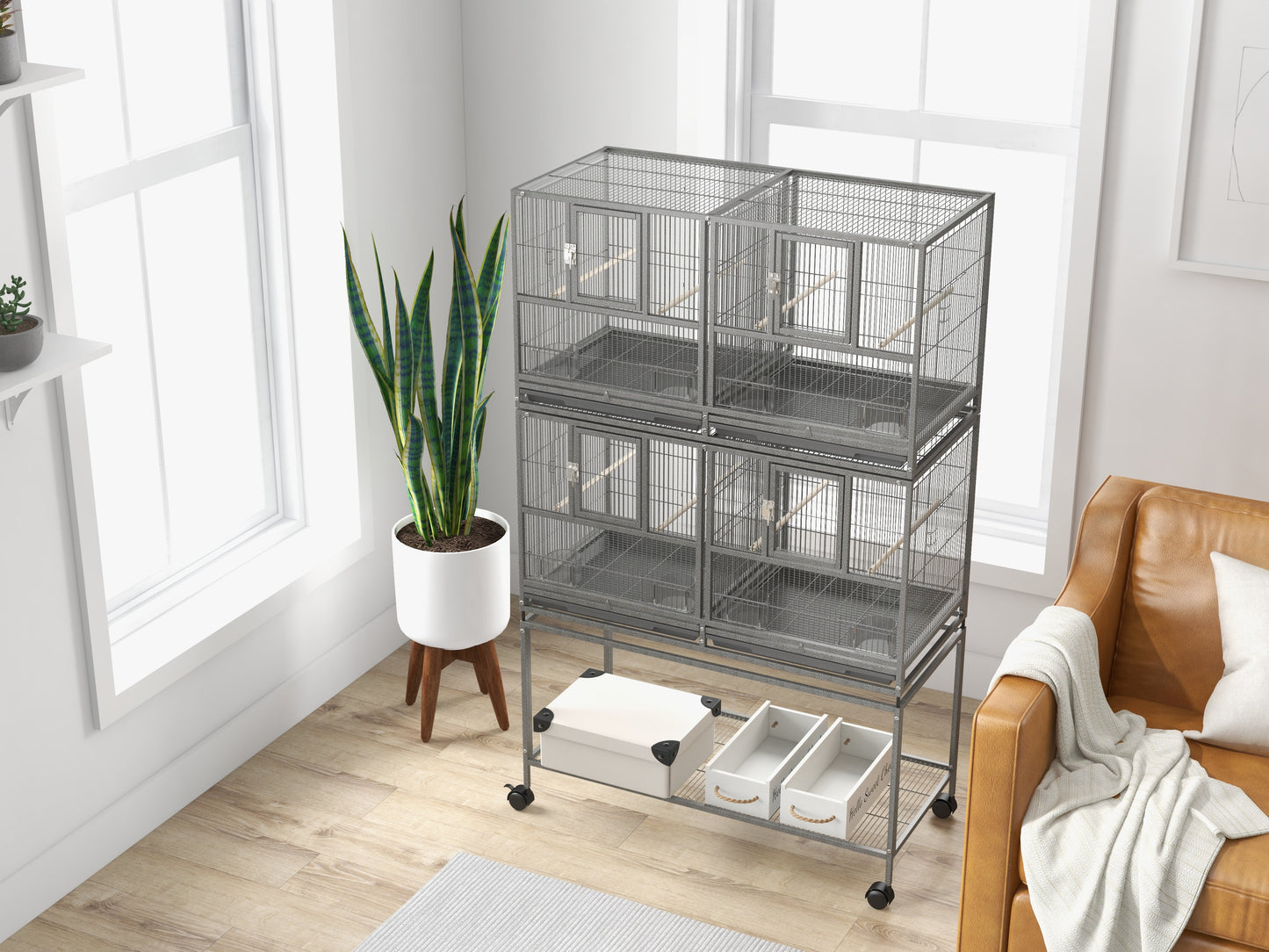 61"H Divided Breeder Bird Cage with Rolling Stand Removable Metal Tray, Storage Shelf, Wood Perch, and Food Container, Dark Grey Bird Cages   at Gallery Canada