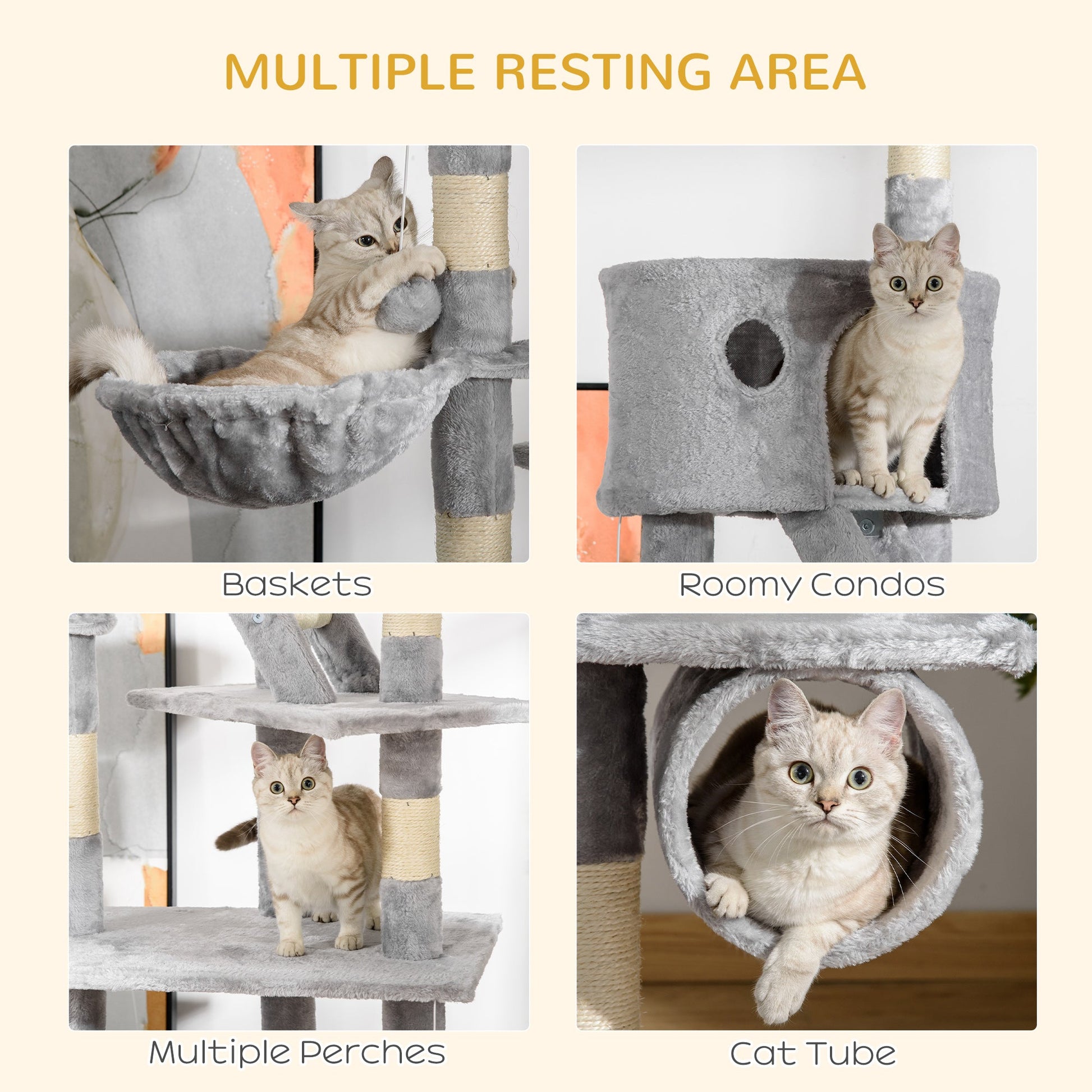 94"-102" Huge Cat Tree Ceiling High Cat Condo Scratching Post Activity Center Multi-Level Play House Light Grey Floor to Ceiling Cat Trees   at Gallery Canada