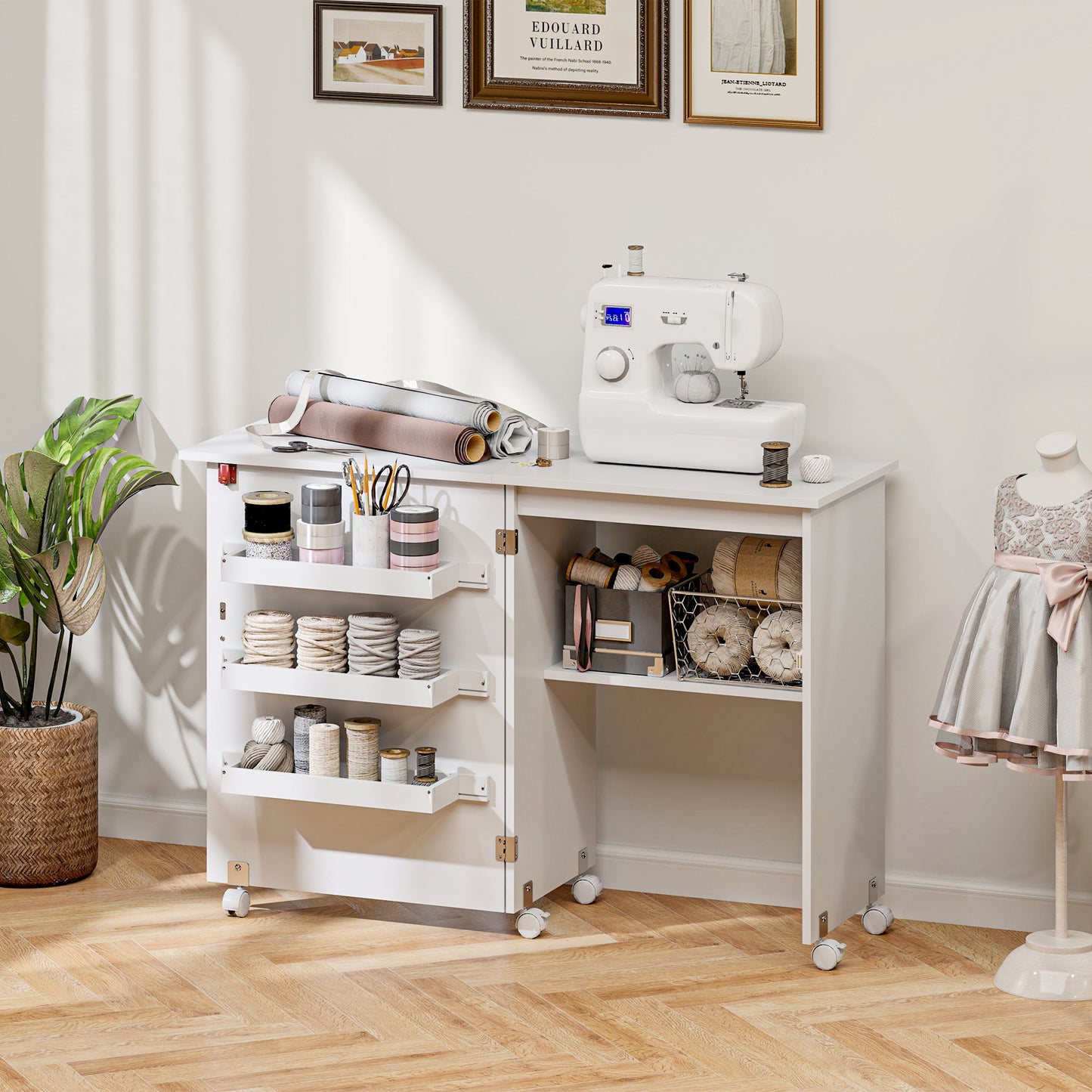 Sewing Machine Cabinet, Folding Sewing Table with Storage Shelf, Bins and Lockable Wheels for Small Space, White Storage Cabinets at Gallery Canada