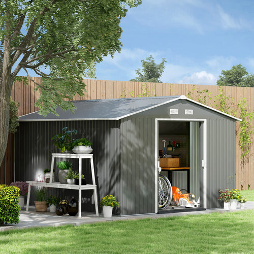 9' x 10.6' Garden Storage Shed w/ Foundation Kit Metal Tool Storage House w/ Double Doors Light Grey