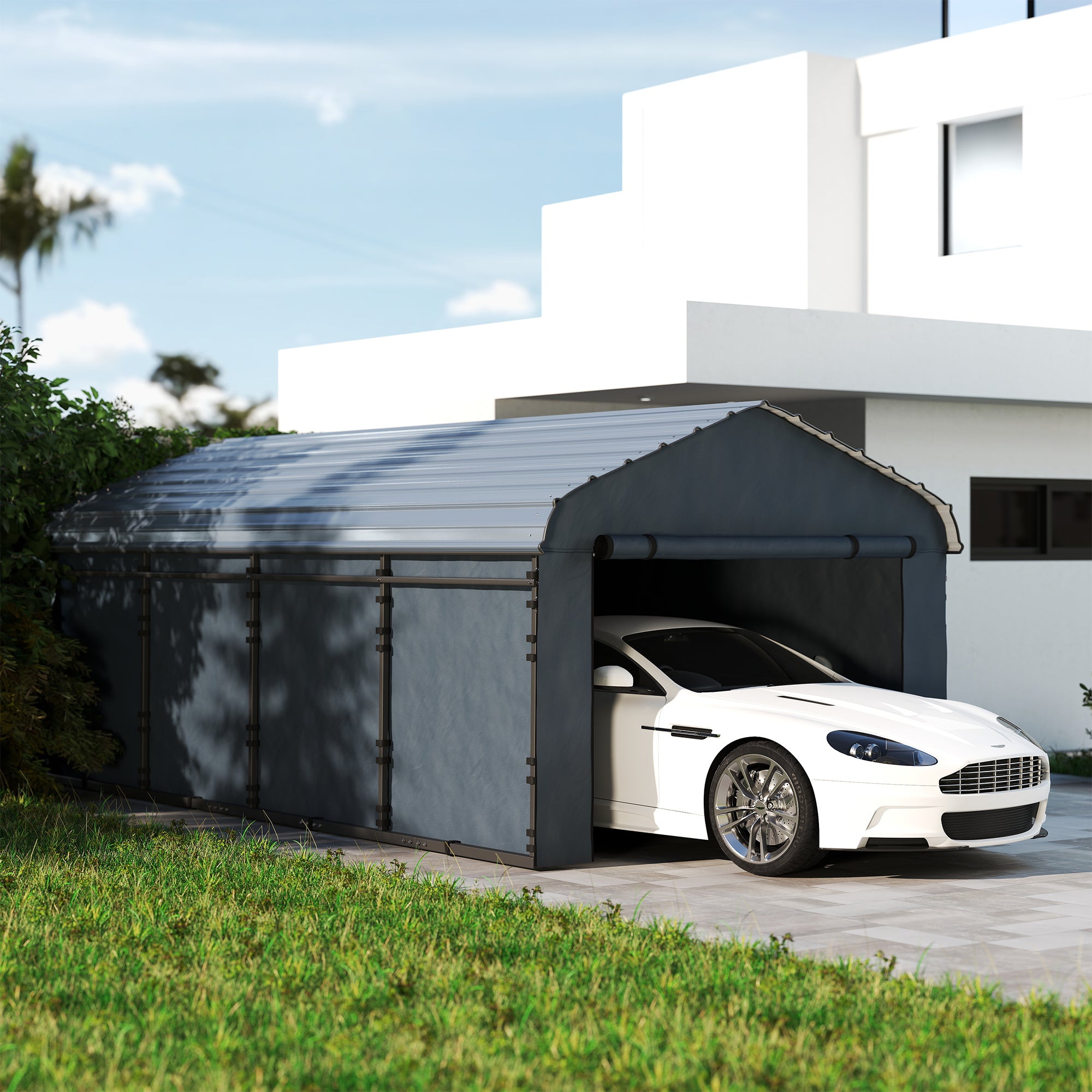 12' x 20' Metal Carport, Heavy Duty Garage Car Shelter with Galvanized Metal Roof and Removable Sidewalls, Dark Grey Car Shelters at Gallery Canada
