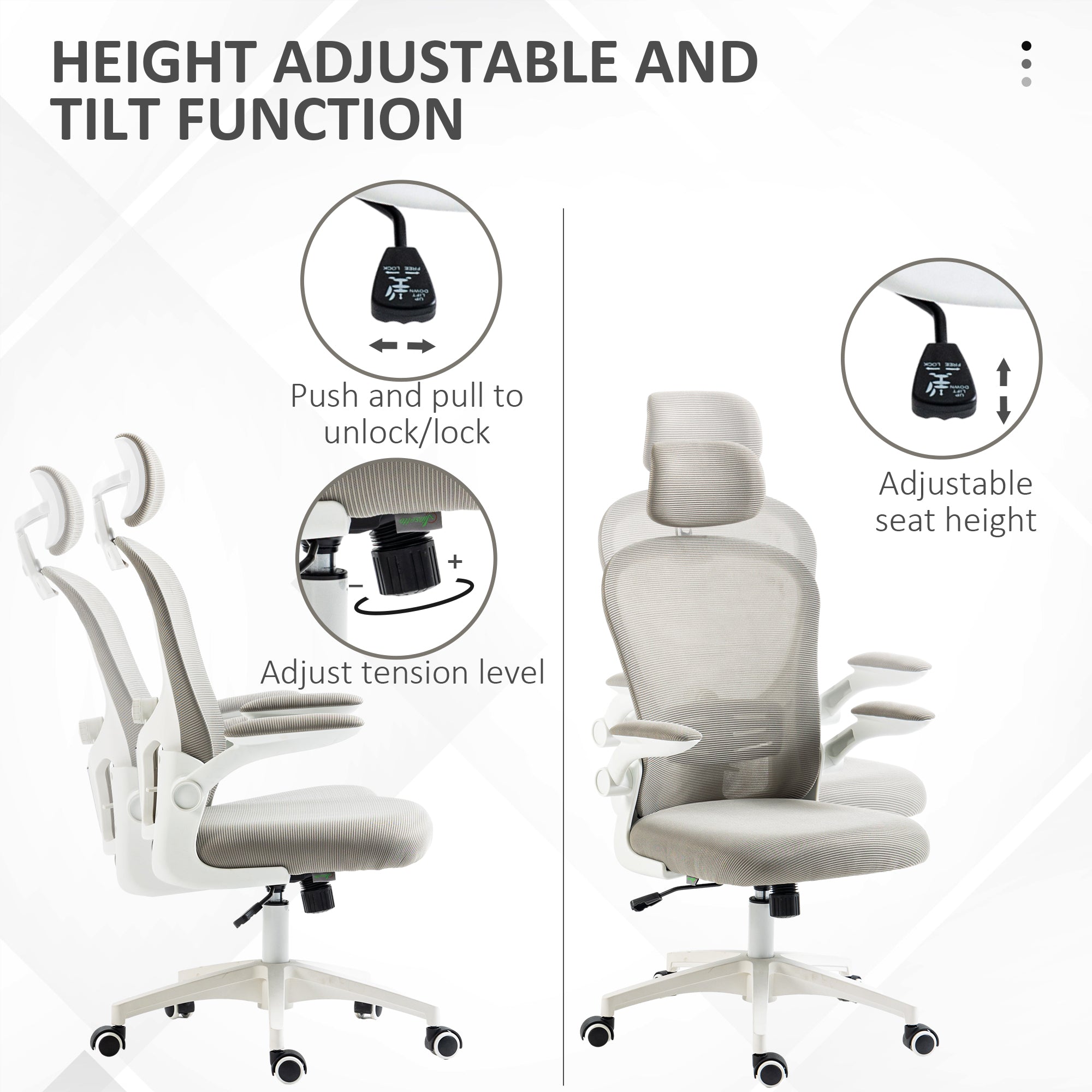 Office Chair, Mesh Computer Desk Chair with Adjustable Headrest, 4D Lumbar Support, Flip-up Arm, Grey Task Chairs at Gallery Canada