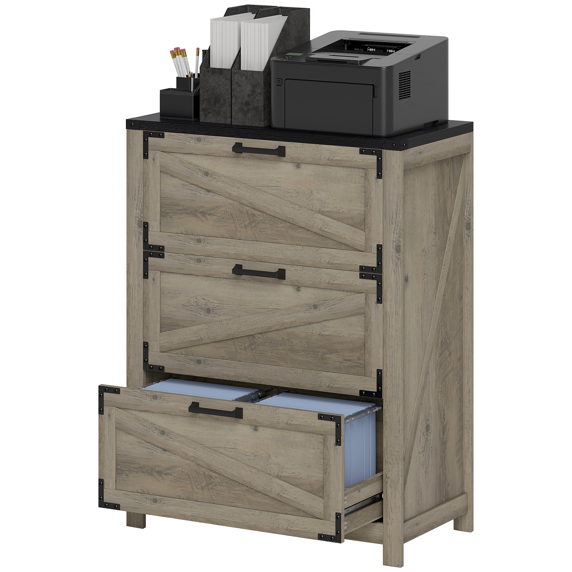 3 Drawer Filing Cabinet, Farmhouse Office Storage Cabinet with Adjustable Hanging Bars for Letter, A4, Legal Size, Grey Office Cabinets & Cupboards Grey Wash at Gallery Canada