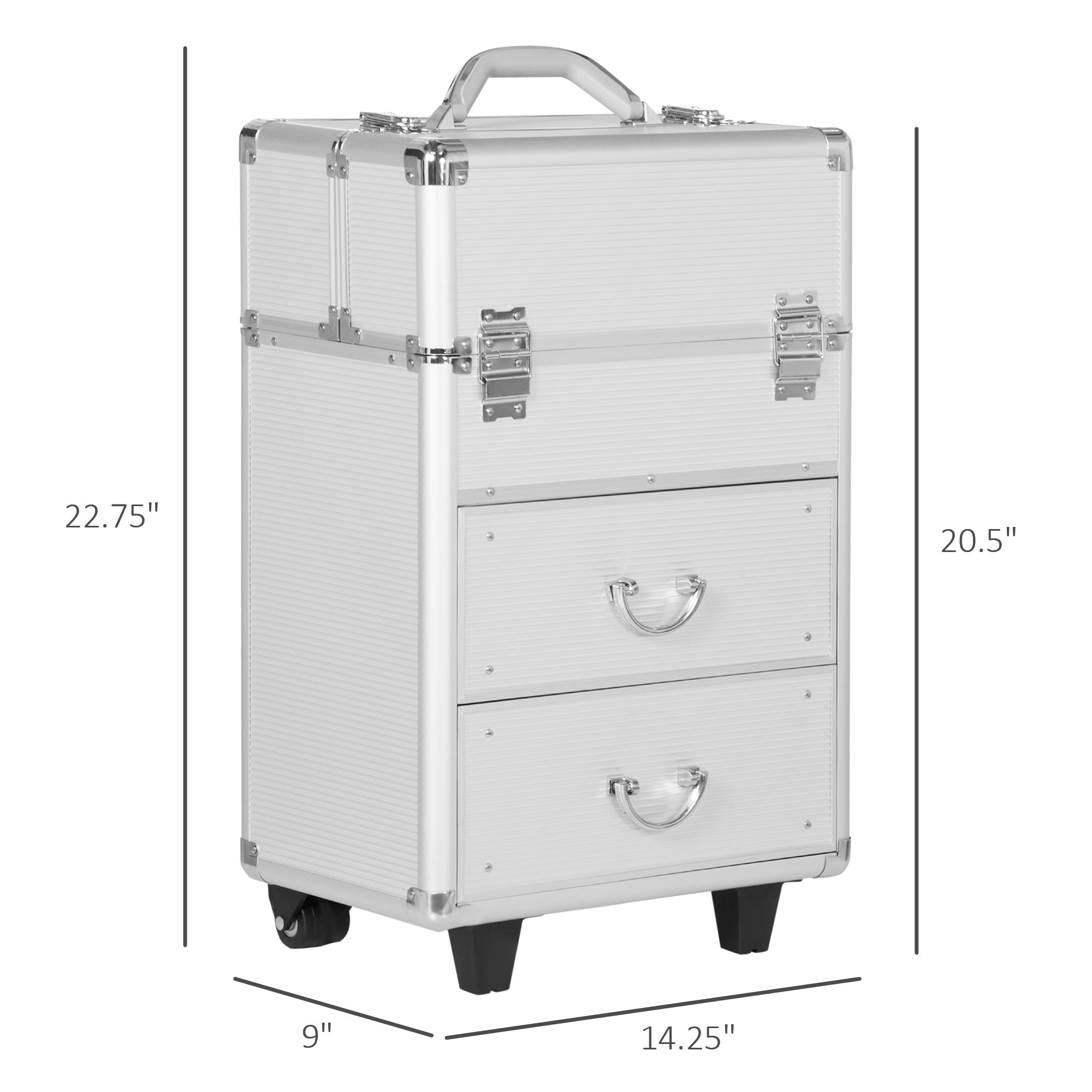 Rolling Makeup Train Case, Large Storage Cosmetic Trolley, Lockable Traveling Cart Trunk with Folding Trays, Swivel Wheels and Keys, Silver Makeup Cases   at Gallery Canada