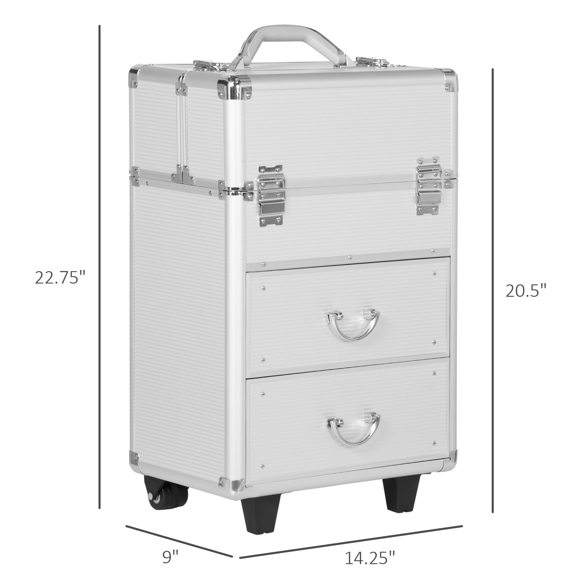 Rolling Makeup Train Case, Large Storage Cosmetic Trolley, Lockable Traveling Cart Trunk with Folding Trays, Swivel Wheels and Keys, Silver Makeup Cases   at Gallery Canada