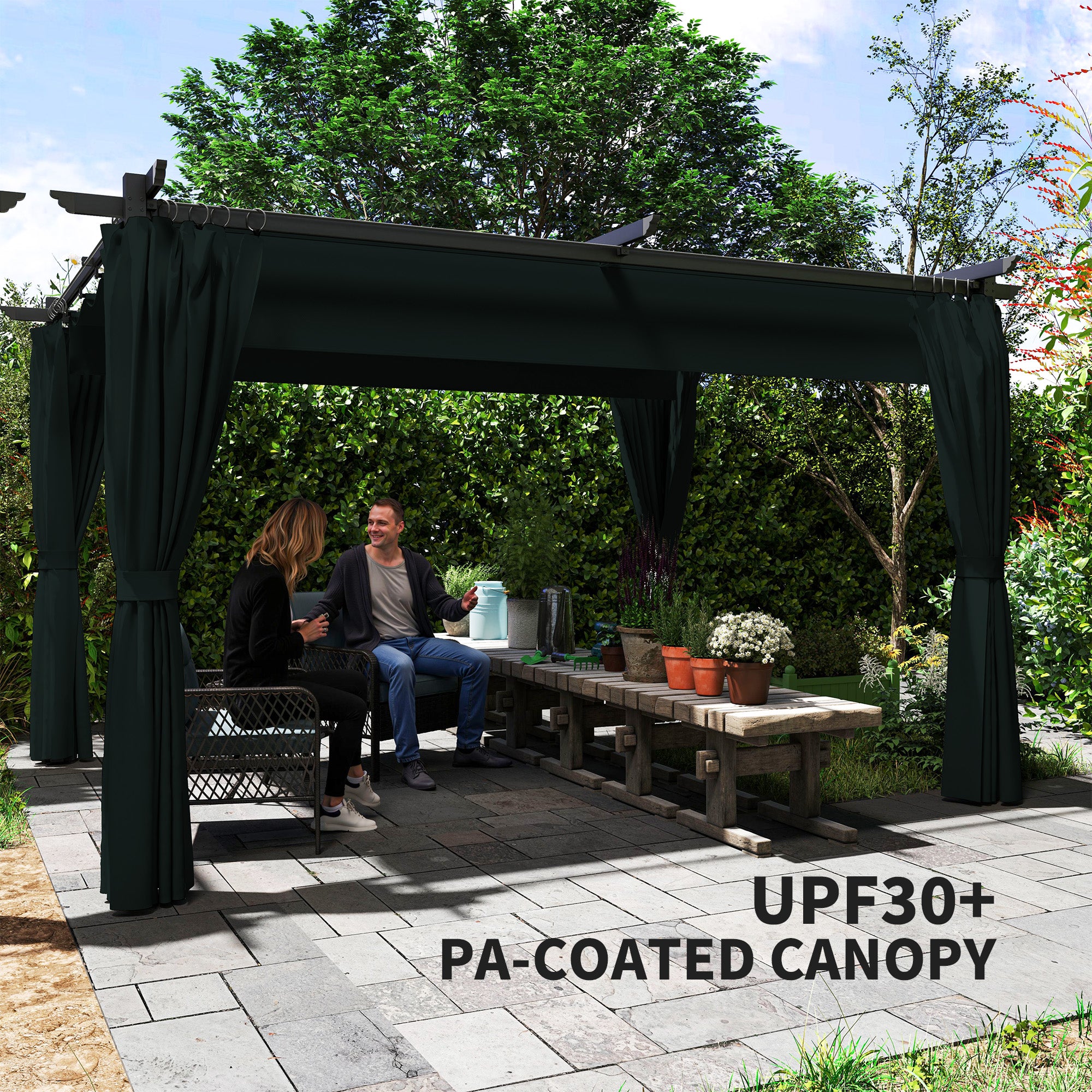 10' x 13' Pergola with Retractable Canopy and Curtains, UPF30+ Sun Shade Shelter for Grill, Garden, Backyard, Deck Pergolas at Gallery Canada