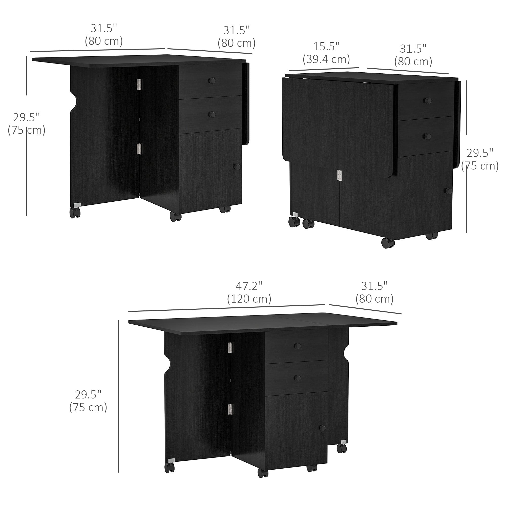 Extendable Dining Table, Drop Leaf Table with 2 Drawers, Cabinet and 6 Wheels for Small Spaces, Kitchen, Black Wood Grain Dining Tables at Gallery Canada