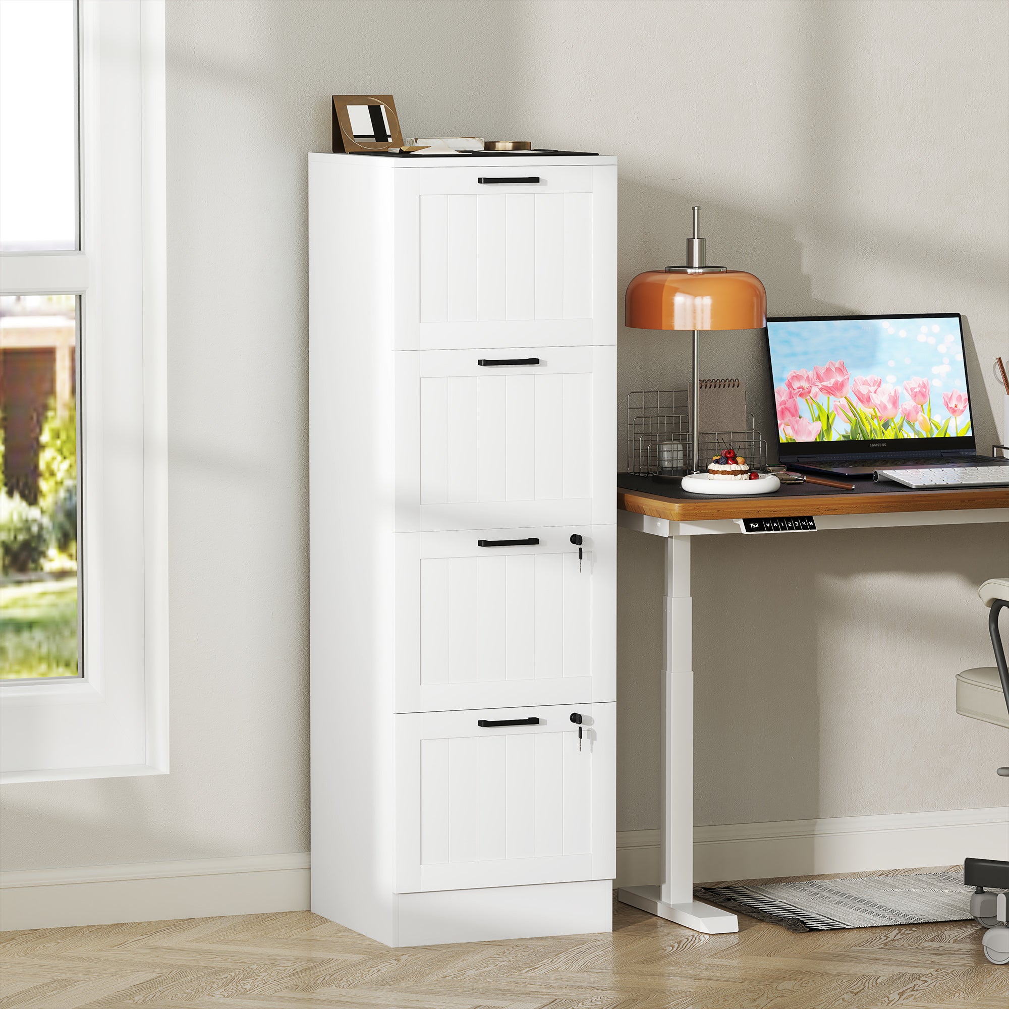 4 Drawer Filing Cabinet with Lock, Office Storage Cabinet with Adjustable Hanging Bars for A4 Letter Size Files, White Office Cabinets & Cupboards White at Gallery Canada