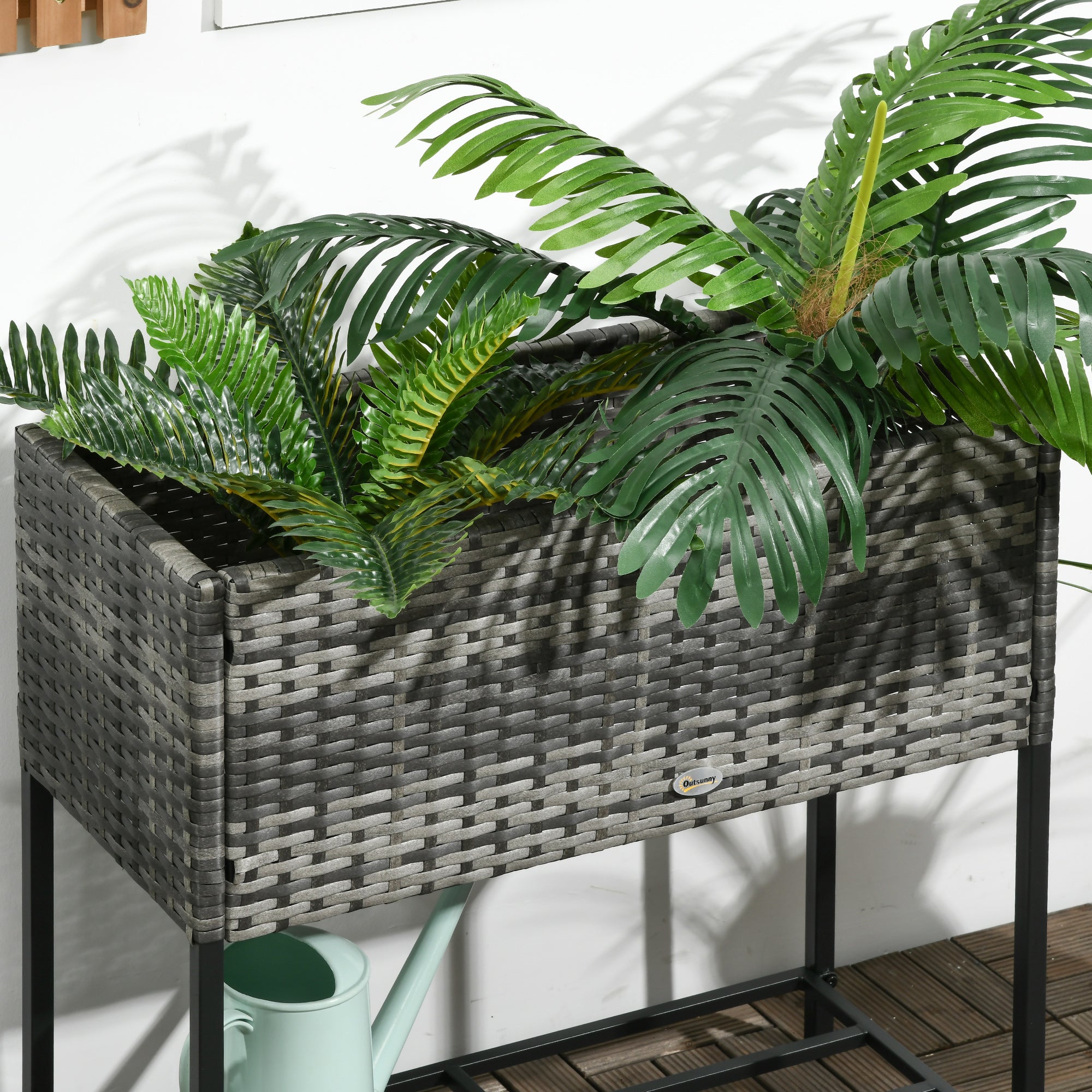 Rattan Raised Garden Boxes, Elevated Flower Beds with Storage Shelf for Herbs, Flowers, Vegetables, Mixed Grey Plant Stands   at Gallery Canada