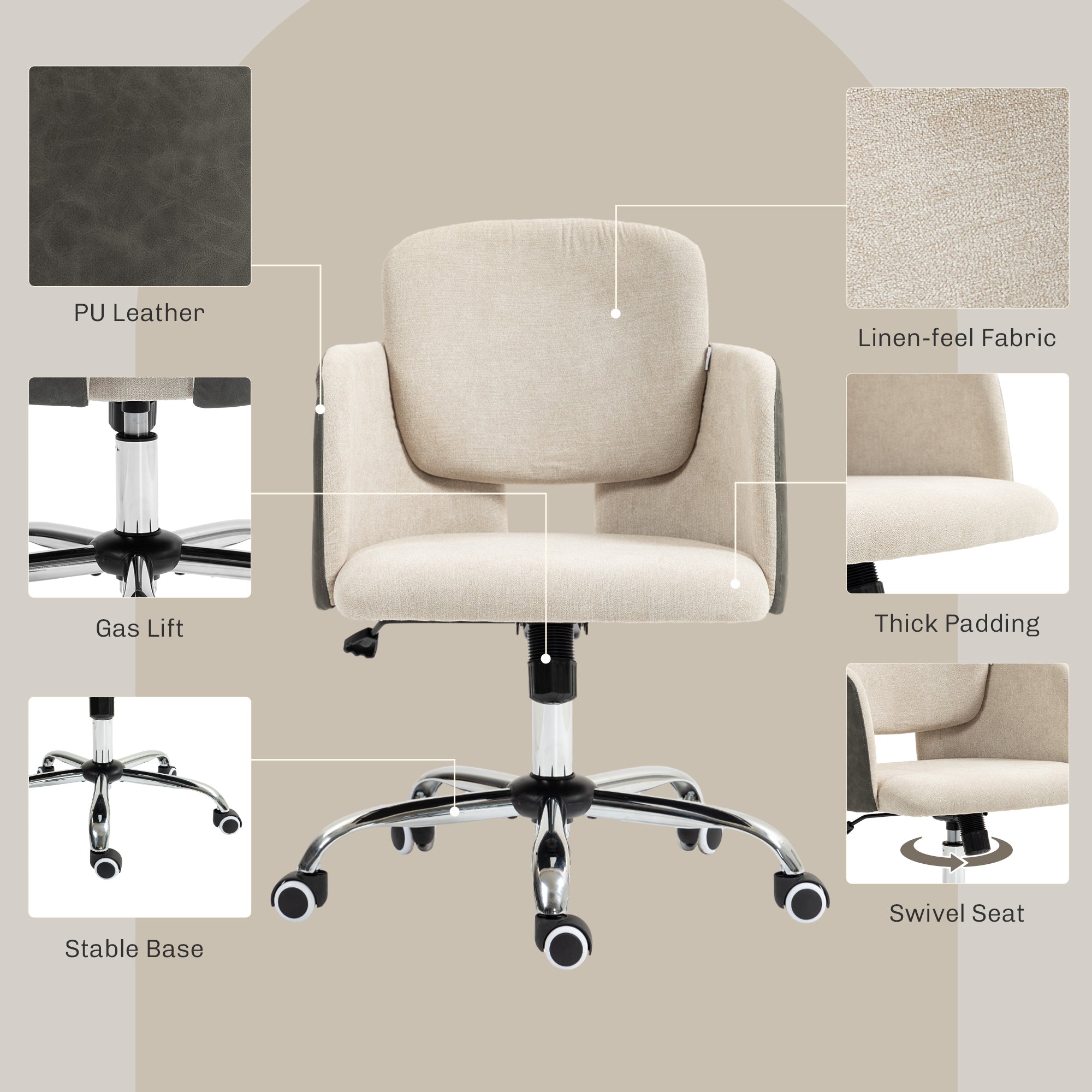 Small Desk Chair, Height Adjustable Fabric Office Chair with Swivel Wheels, Tilt Function, Computer Chair, Cream White Task Chairs at Gallery Canada