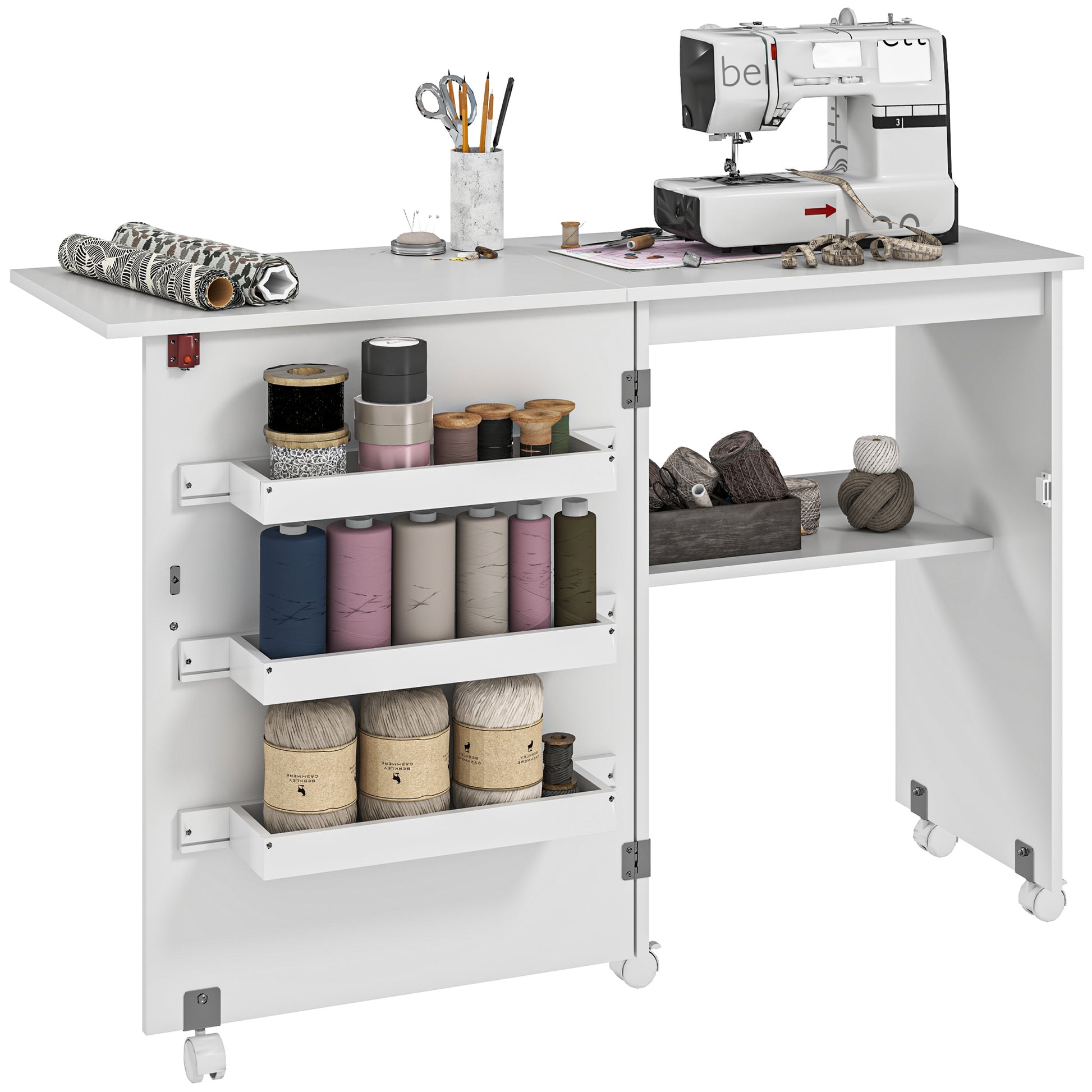 Sewing Machine Cabinet, Folding Sewing Table with Storage Shelf, Bins and Lockable Wheels for Small Space, White Storage Cabinets at Gallery Canada