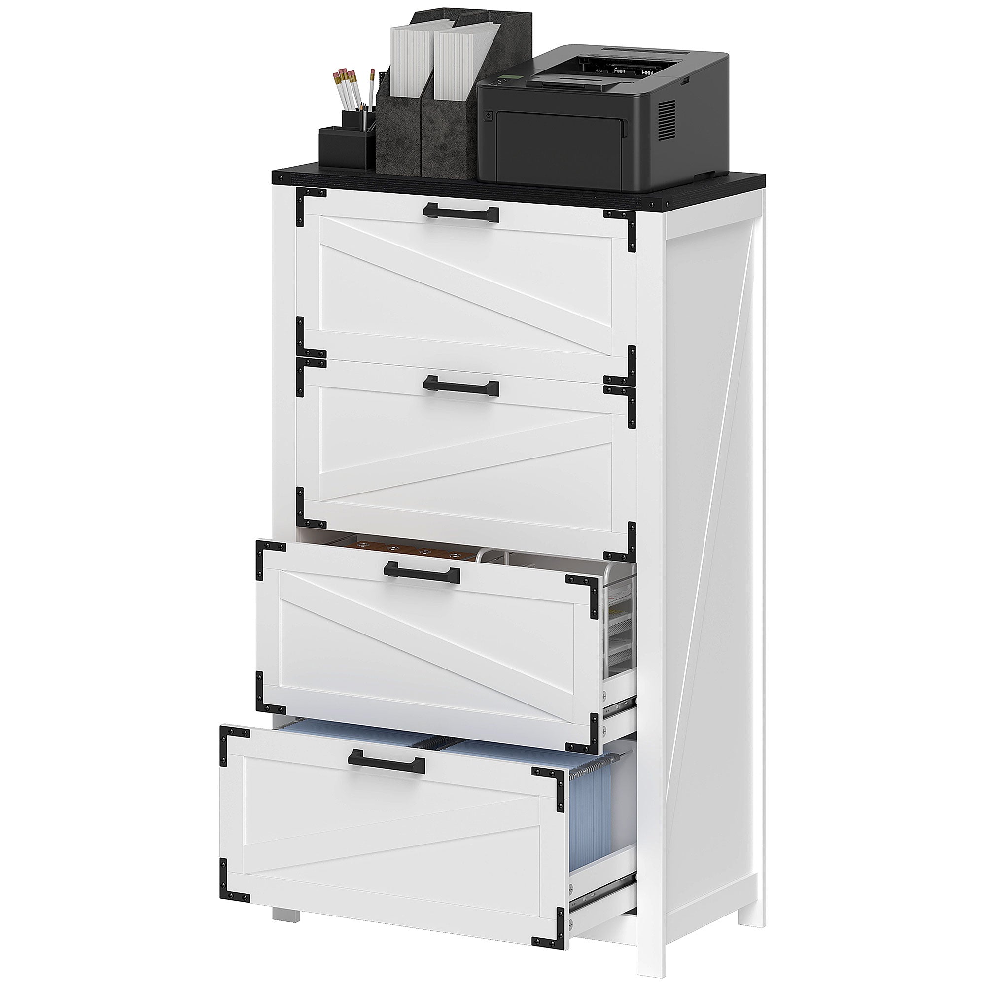 4 Drawer Filing Cabinet, Farmhouse Office Storage Cabinet with Adjustable Hanging Bars for Letter, A4, Legal Size, White Office Cabinets & Cupboards White at Gallery Canada