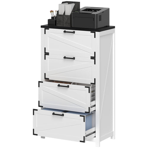 4 Drawer Filing Cabinet, Farmhouse Office Storage Cabinet with Adjustable Hanging Bars for Letter, A4, Legal Size, White