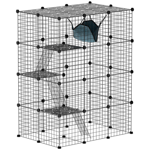 4-Tier DIY Large Cat Cage with Hammock, Platforms, Ramps, Accessories for 1-3 Cats, Indoor Use, Black