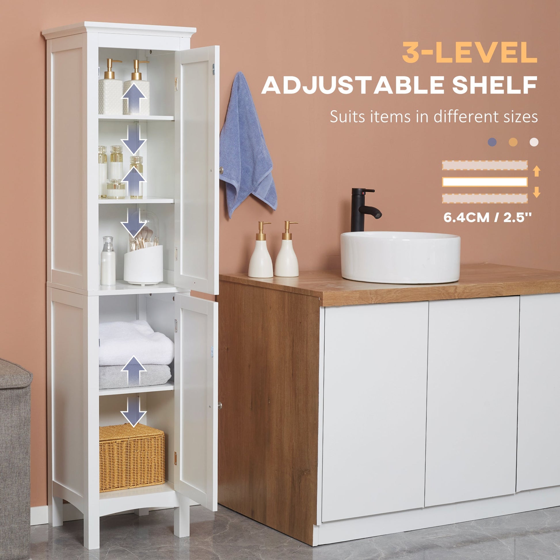 Tall Bathroom Cabinet, Freestanding Storage Organizer with Adjustable Shelves and Cupboards, 15" x 13" x 63", White Bathroom Cabinets   at Gallery Canada