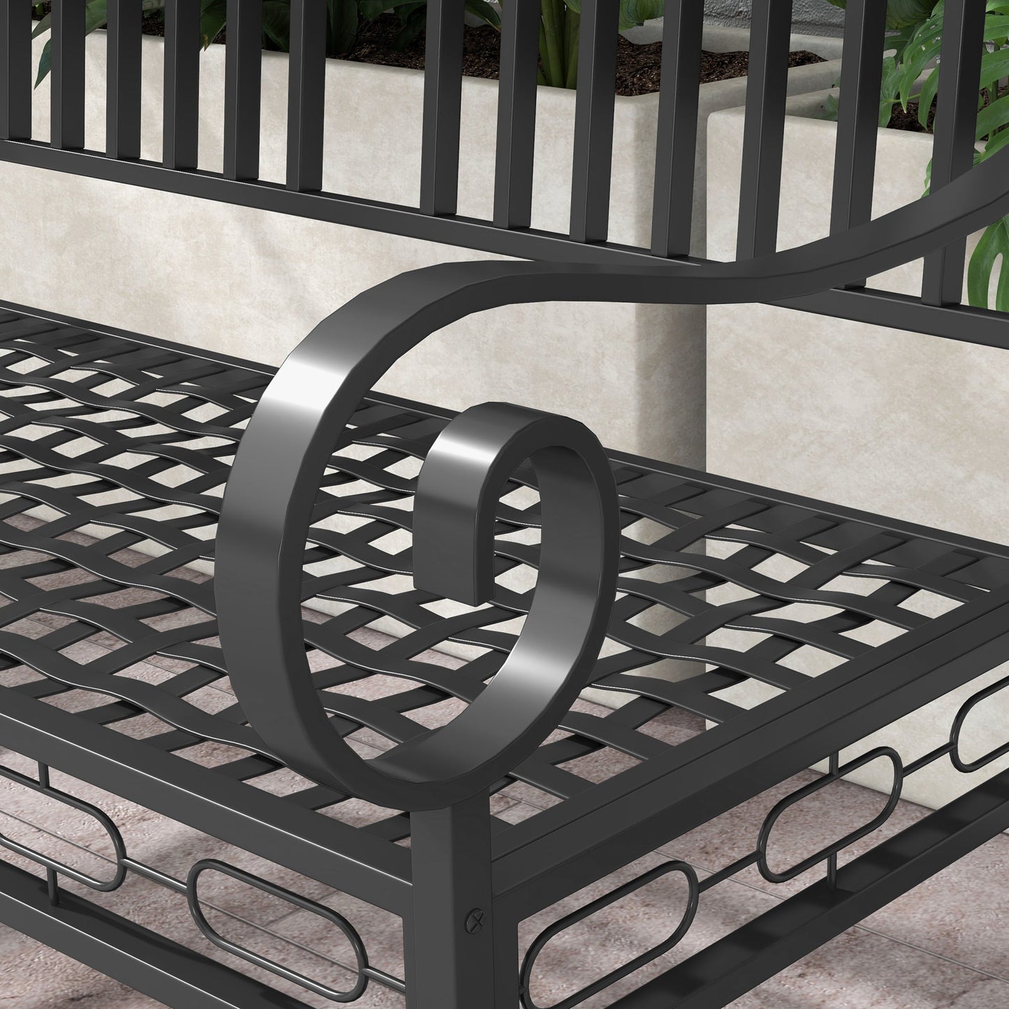 44" Metal Park Bench, 2 Seater Garden Bench with Decorative Backrest and Grid Seat for Patio, Backyard, Lawn, Black Outdoor Benches   at Gallery Canada