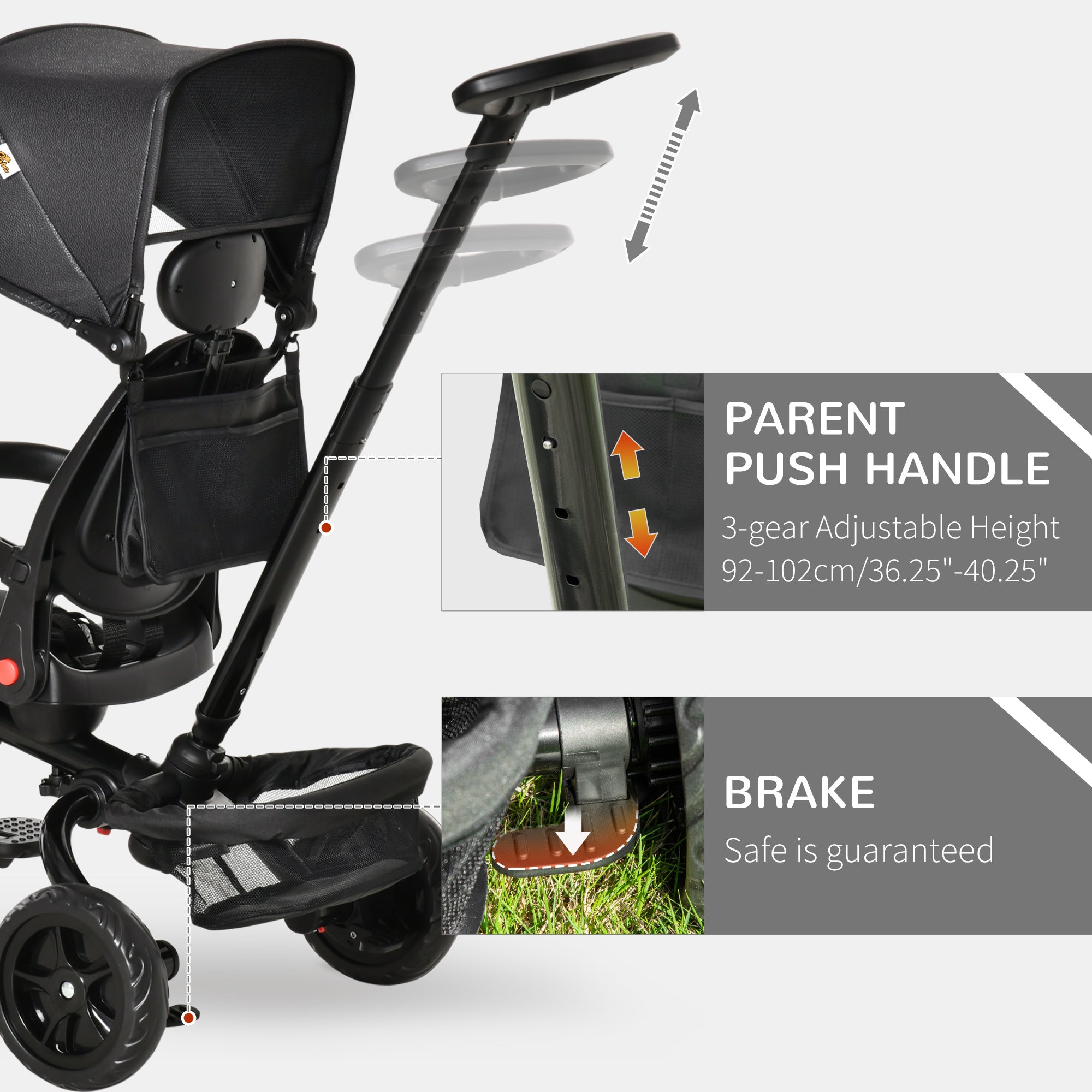 Baby Tricycle 4 In 1 Trike w/ Reversible Angle Adjustable Seat Removable Handle Canopy Handrail Belt Storage Footrest Brake Clutch for 1-5 Years Old Black Tricycles for Kids at Gallery Canada