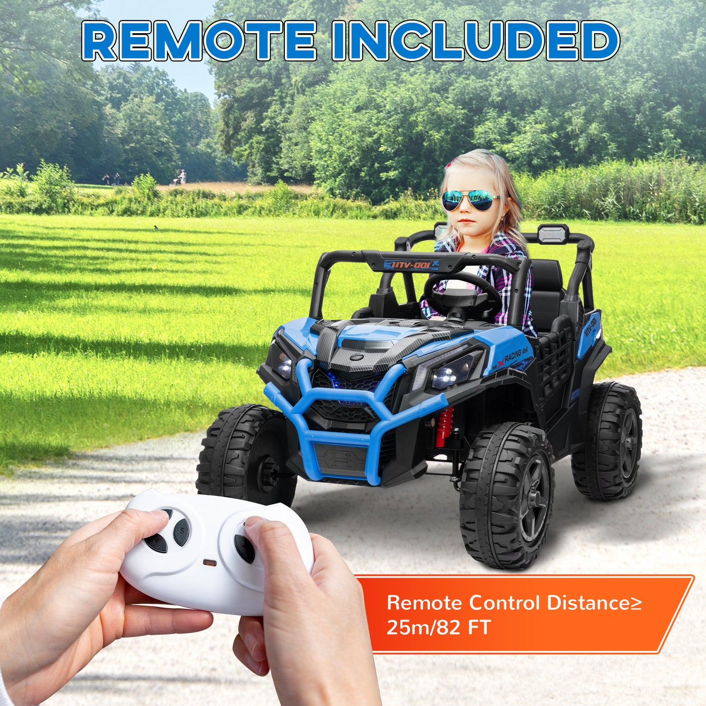 2 Seater 24V Electric Car for Kids w/ Remote Control, 3 Speed, LED Lights, Music, Horn, Spring Suspension, Blue Electric Toy Cars   at Gallery Canada