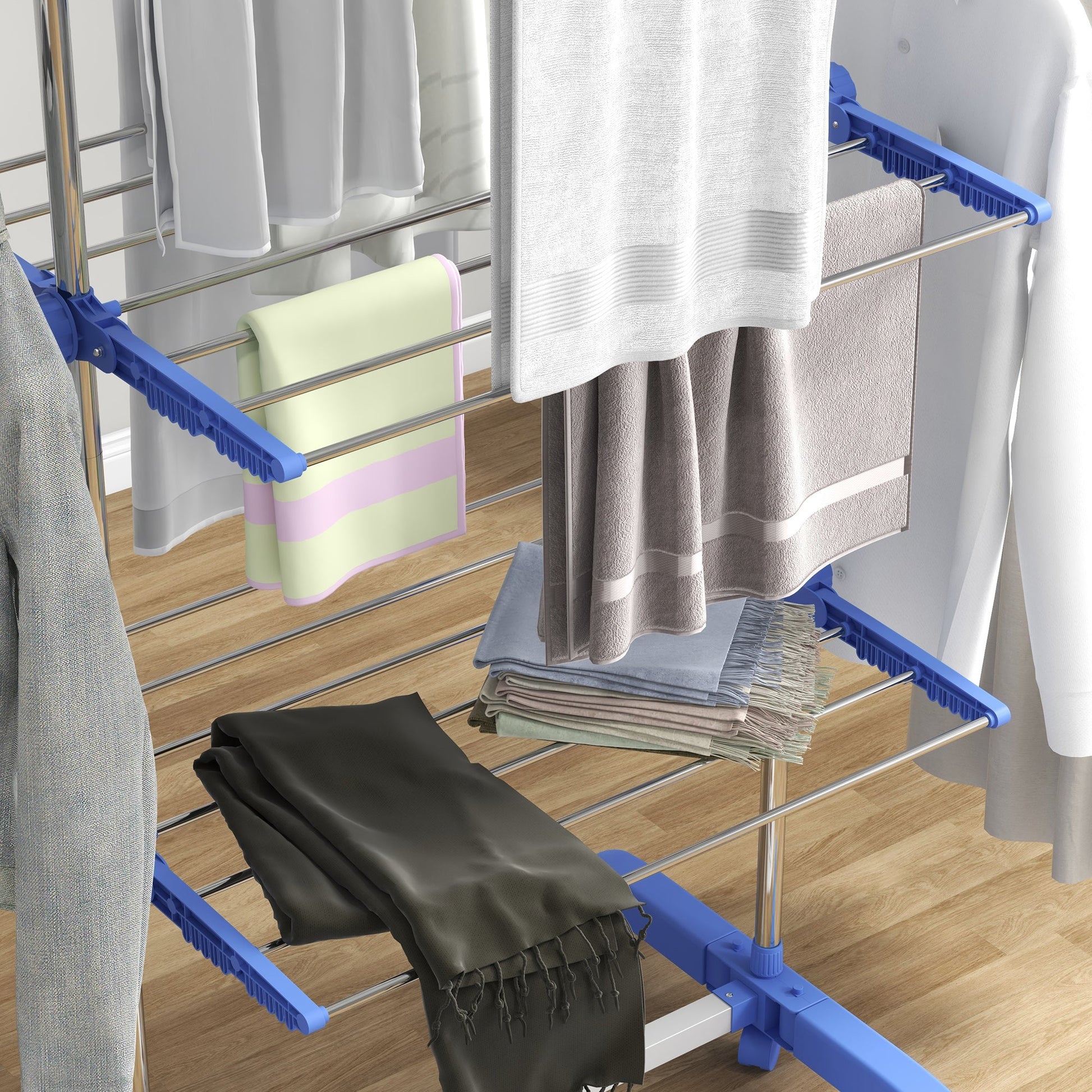 Stainless Steel 3-Tier Collapsible Clothes Drying Rack with Wheels, Blue Bath Accessories   at Gallery Canada