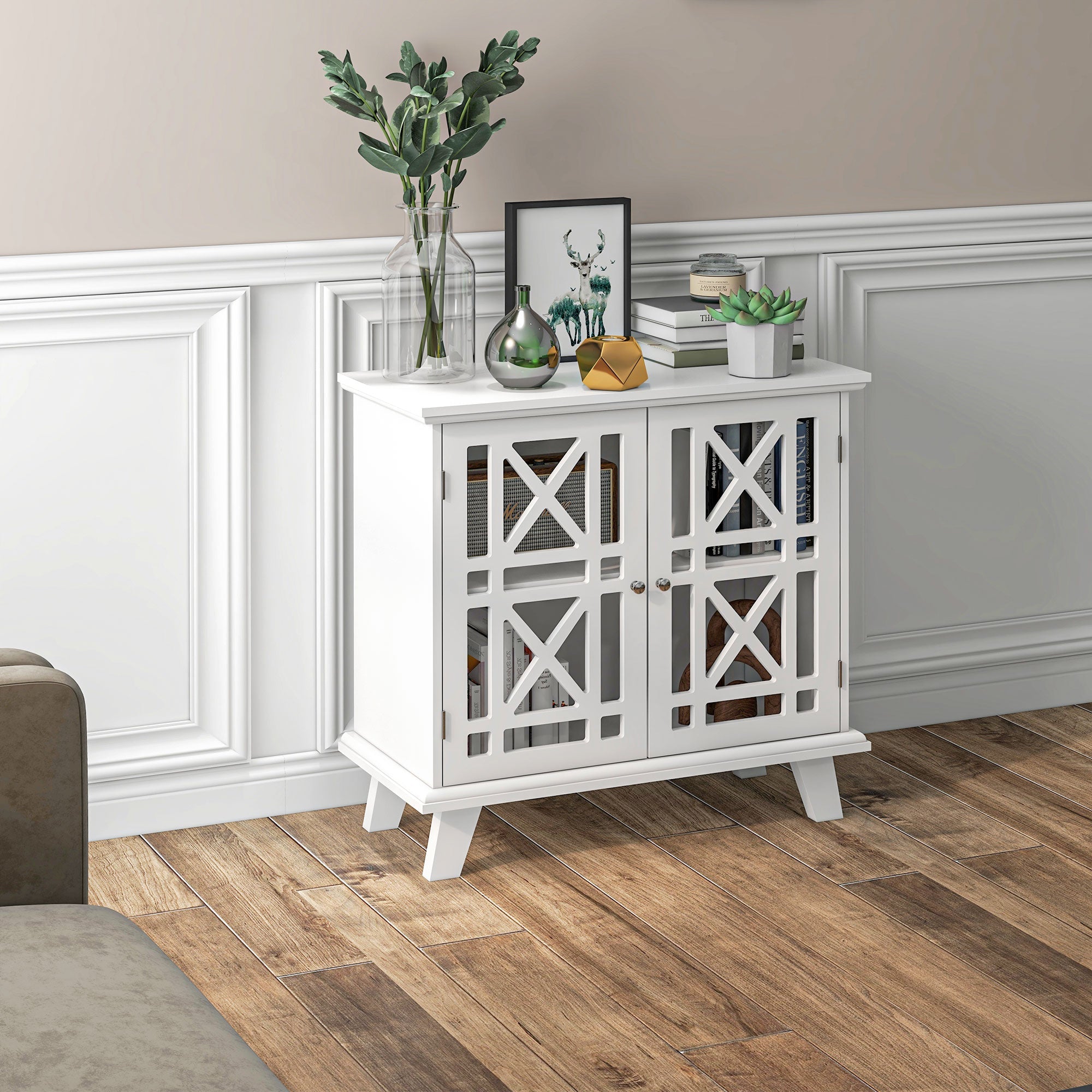 Storage Cabinet with Fretwork Doors and Shelf, Modern Freestanding Sideboard, Buffet, White Storage Cabinets   at Gallery Canada