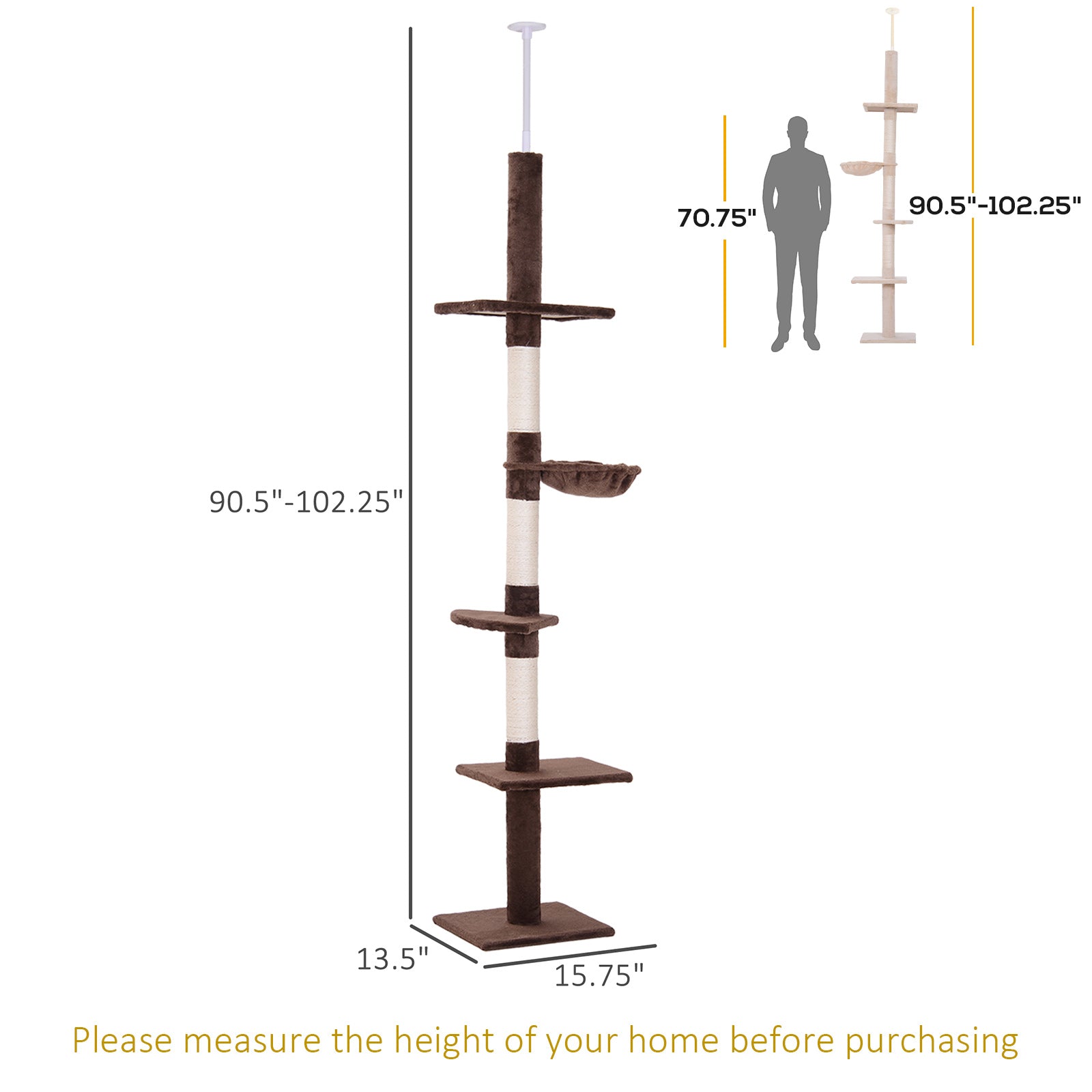 8.5ft Cat Climbing Tree 5-Tier Kitty Activity Center with Scratching Post Brown and White Floor to Ceiling Cat Trees at Gallery Canada