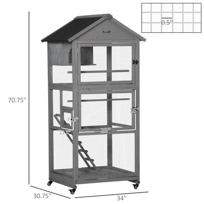 71" Bird Cage Large Mobile Wooden Aviary for Canary Cockatiel with Wheel Perch Nest Ladder Slide-out Tray for Indoor Outdoor Dark Grey Bird Cages   at Gallery Canada