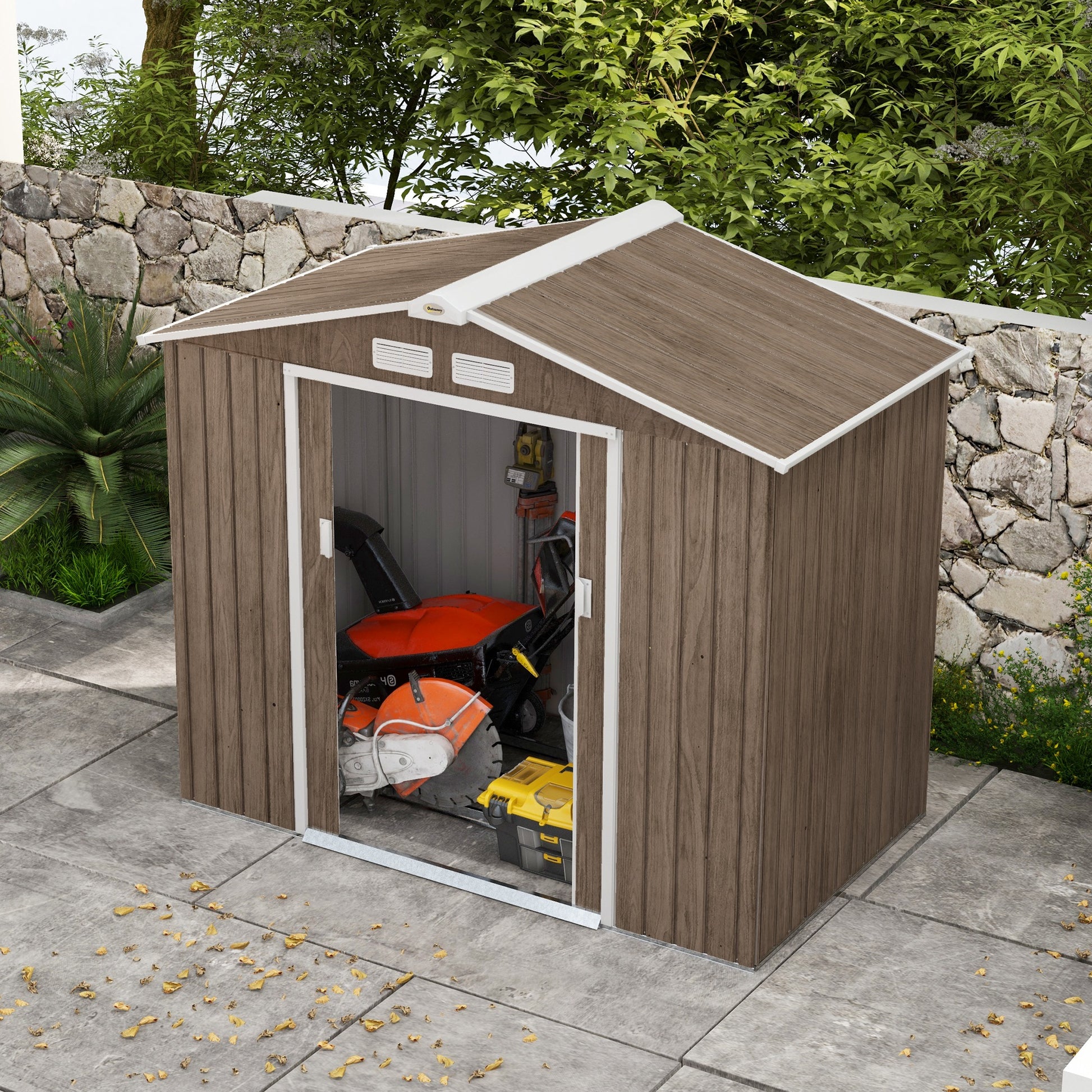 7' x 4' x 6' Garden Storage Shed Outdoor Patio Metal Tool Storage House w/ Foundation Kit and Double Doors Light Brown Sheds   at Gallery Canada