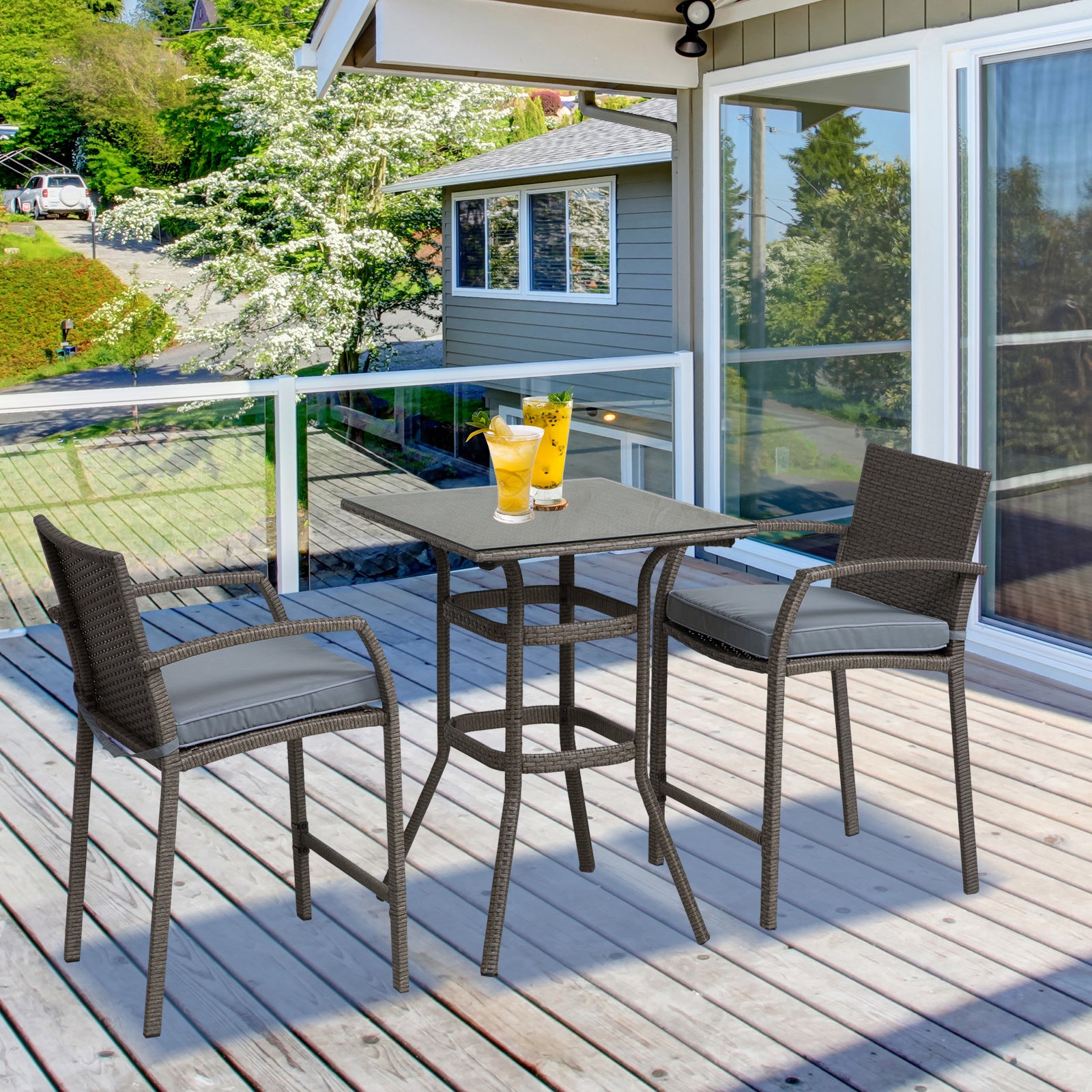 3 Pieces Patio Bar Set Wicker Garden Bistro Set Outdoor Furniture PE Rattan Table and Stools with Seat Cushion, Grey Bistro Sets at Gallery Canada