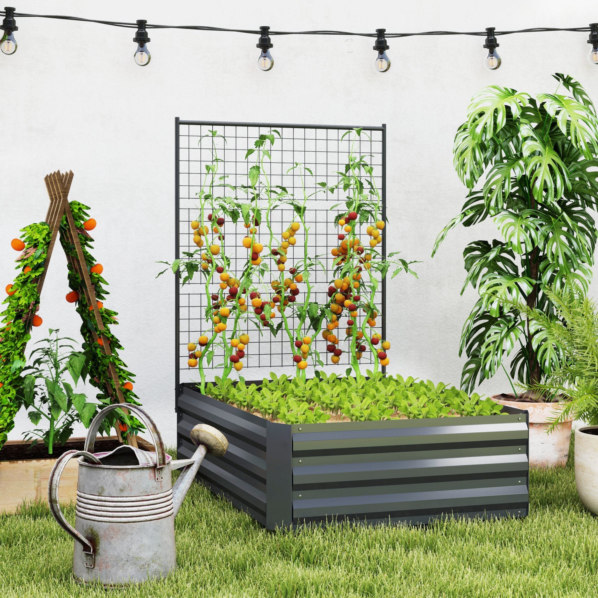 Galvanized Raised Garden Bed with Trellis for Climbing Plants, Outdoor Planter Box with Open Bottom, Dark Grey Raised Garden Beds at Gallery Canada