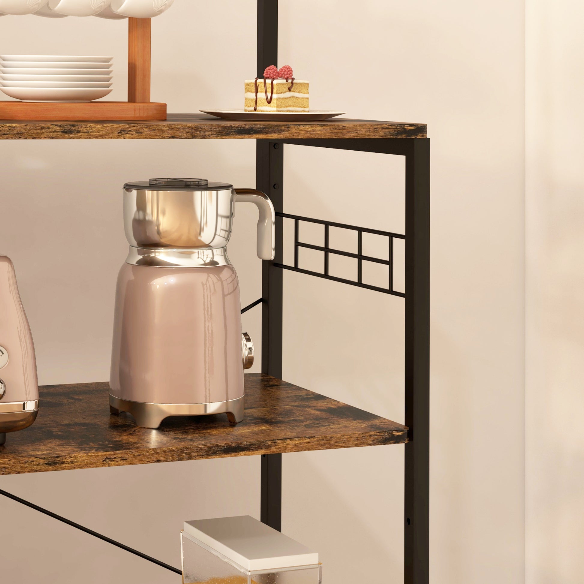 Kitchen Baker's Rack with Power Outlet, Coffee Bar Station with Adjustable Shelves and Hooks, Rustic Brown Bar Cabinets   at Gallery Canada