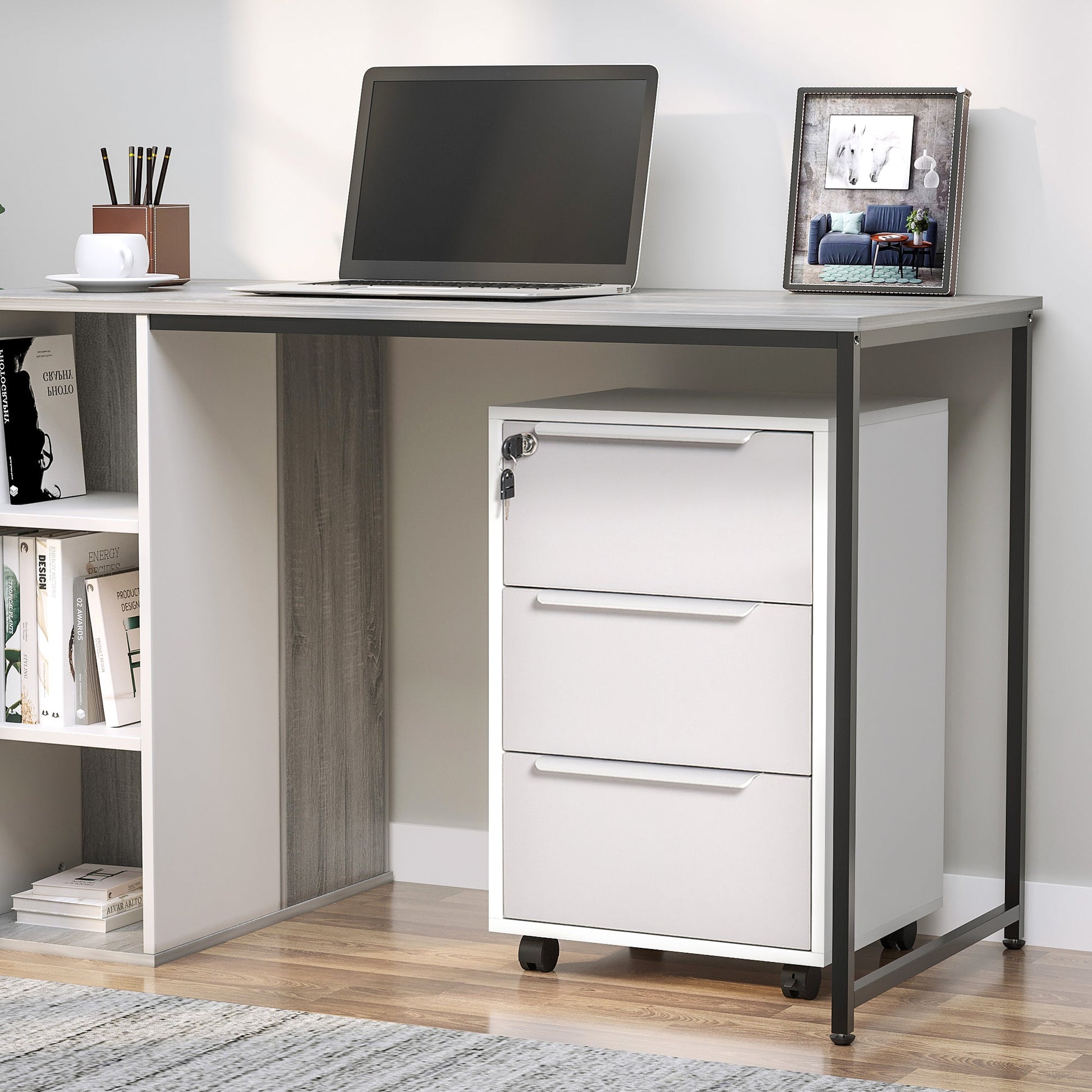 Vertical Filing Cabinet with Lock, 3 Drawer File Cabinet with Wheels, Home Office Organizer, White and Grey Office Cabinets & Cupboards   at Gallery Canada