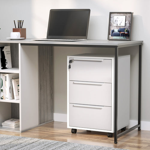 Vertical Filing Cabinet with Lock, 3 Drawer File Cabinet with Wheels, Home Office Organizer, White and Grey