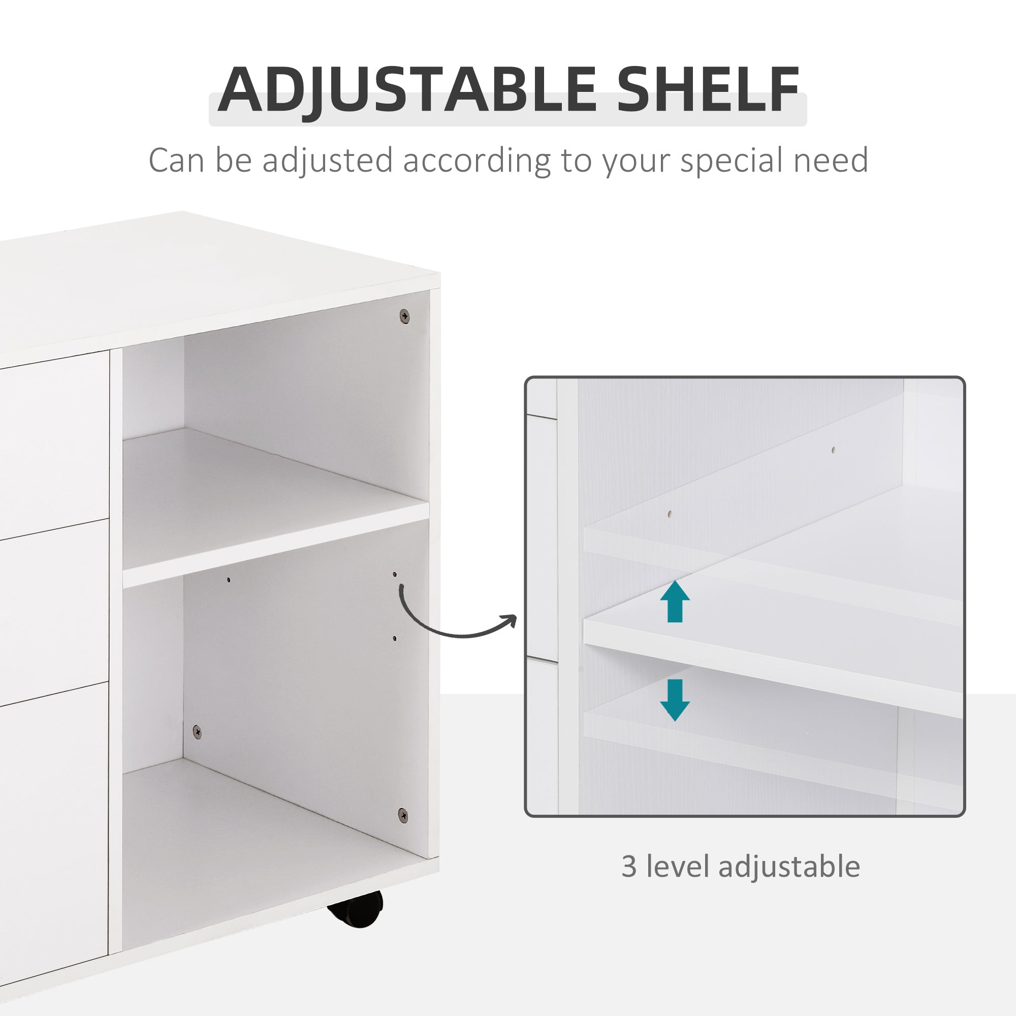 Modern Lateral Filing Cabinet, 3 Drawer File Cabinet for Letter and A4 Size Documents, Mobile, Printer Stand with Open Shelves, Rolling Wheels, White Office Cabinets & Cupboards at Gallery Canada