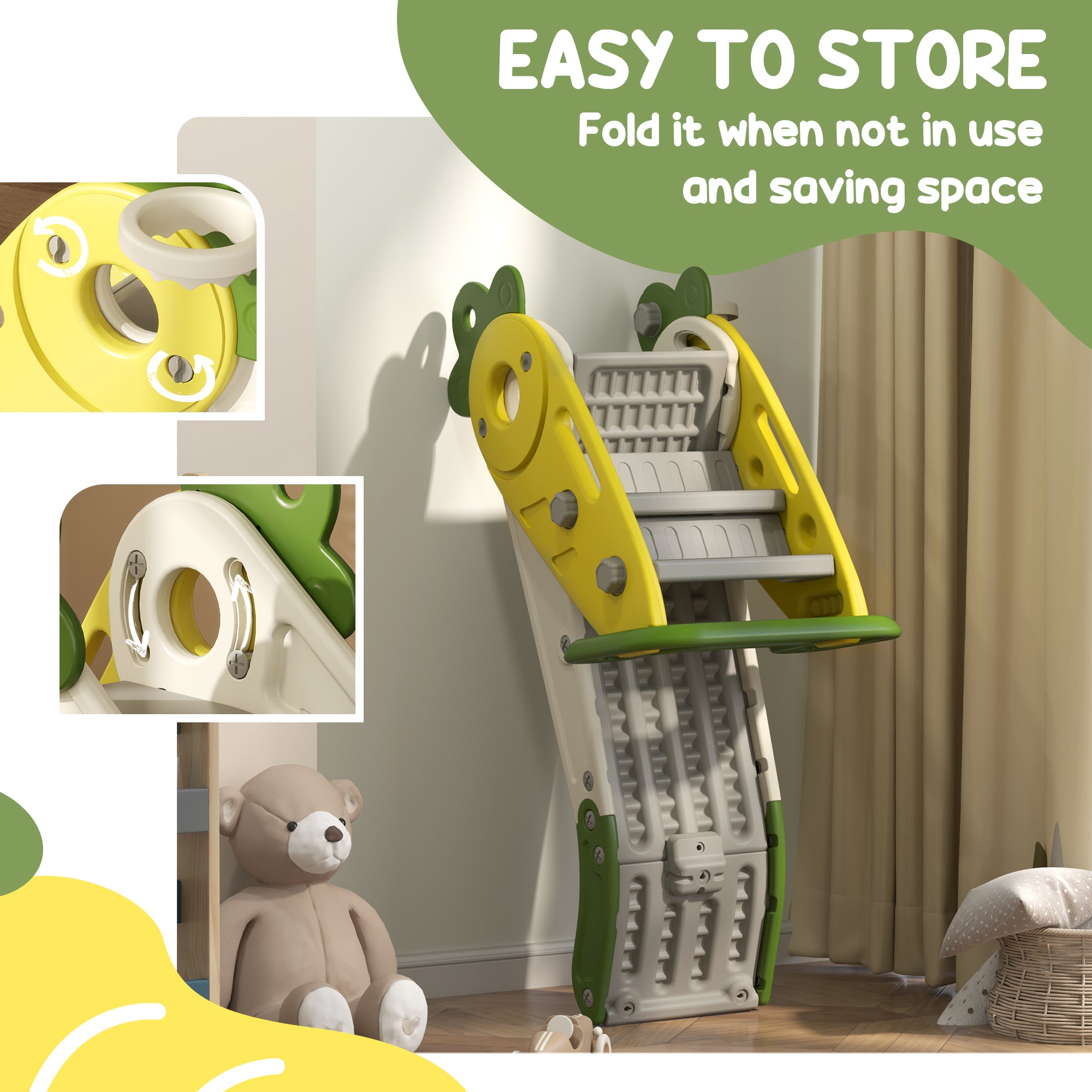3 in 1 Foldable Toddler Slide with Basketball Hoop, Climber, for 1-3 Years Old, Yellow Gym Sets & Swings at Gallery Canada