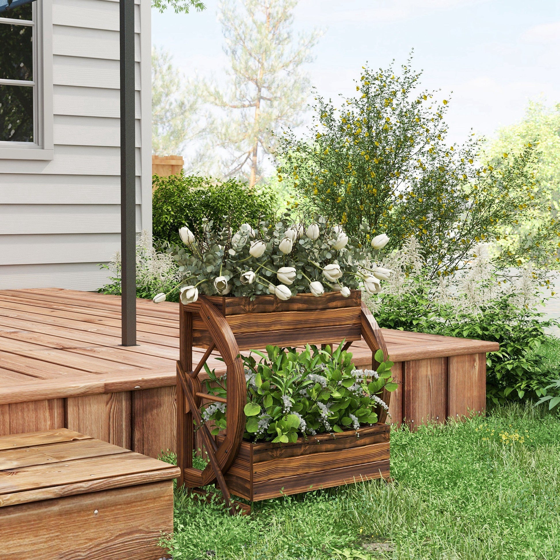 Wooden Wagon Planter Box, 2-Tier Raised Garden Bed, for Vegetables Flowers Herbs Wooden Planter Boxes   at Gallery Canada