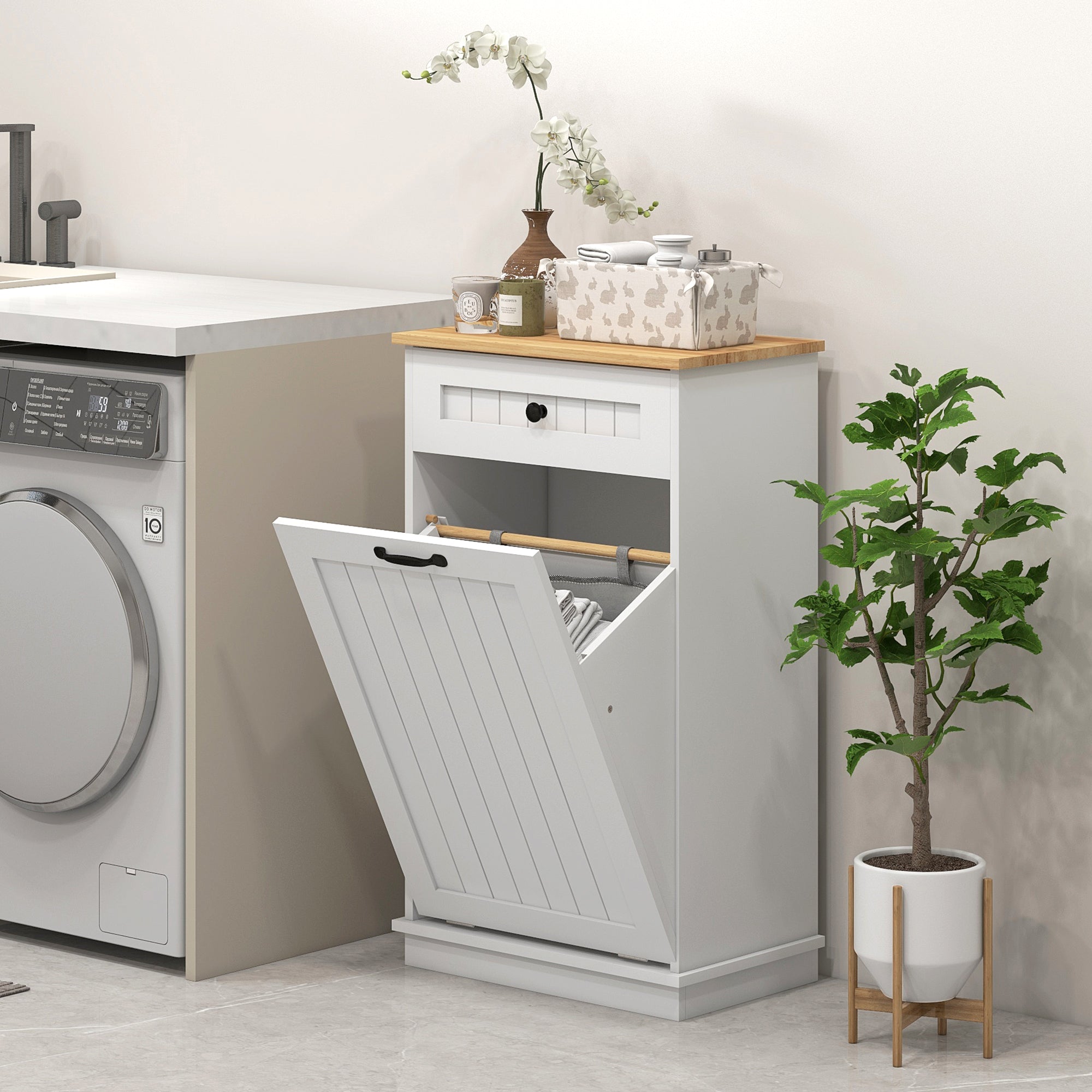 Laundry Cabinet with Removable Basket and Drawer, Tilt-Out Laundry Hamper for Bathroom, Living Room, White Bathroom Cabinets at Gallery Canada