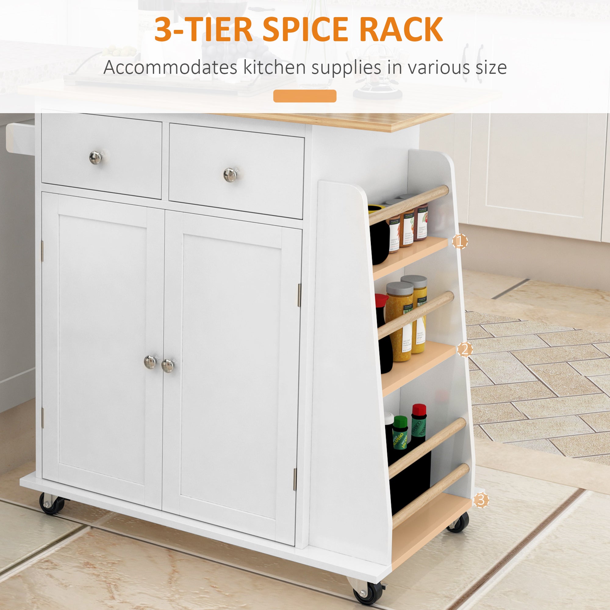 Rolling Kitchen Island Trolley Storage Cart with Rubber Wood Top, 3-Tier Spice Rack, Towel Rack Home Kitchen Carts, White Kitchen Islands & Kitchen Carts at Gallery Canada